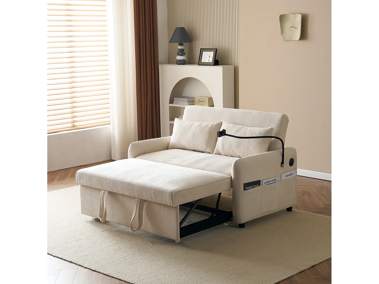 Sofá convertible de 2 plazas con respaldo regulable - Soporte y toma USB - Tejido chenilla - Función dormir - Beige