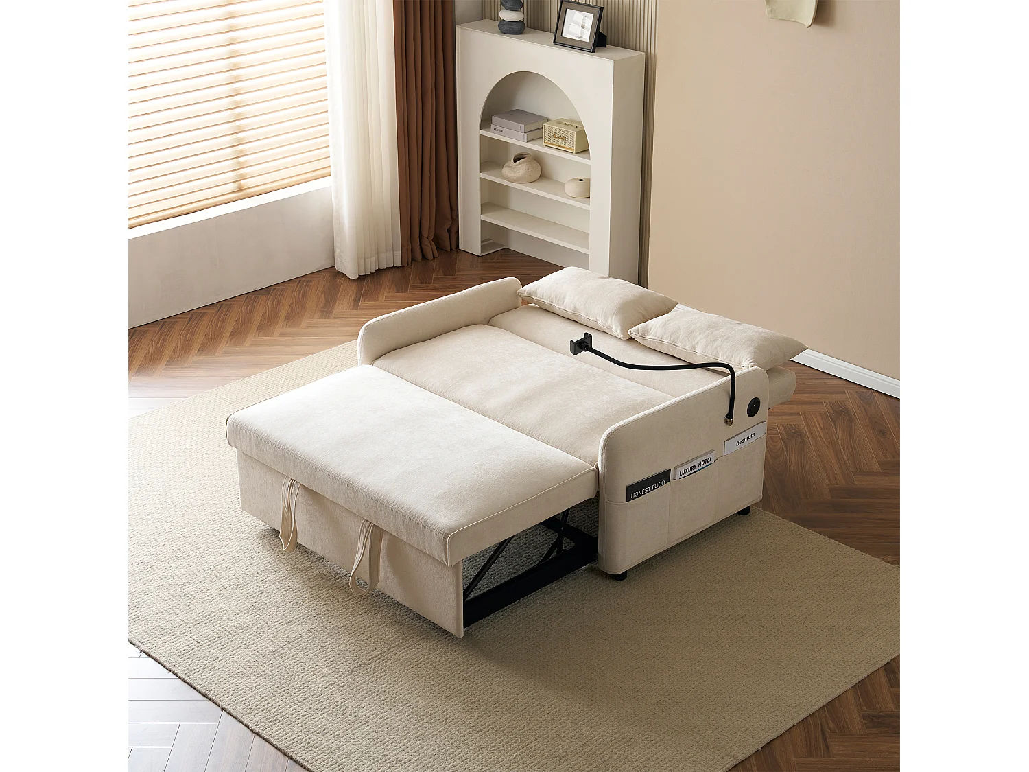 Sofá convertible de 2 plazas con respaldo regulable - Soporte y toma USB - Tejido chenilla - Función dormir - Beige