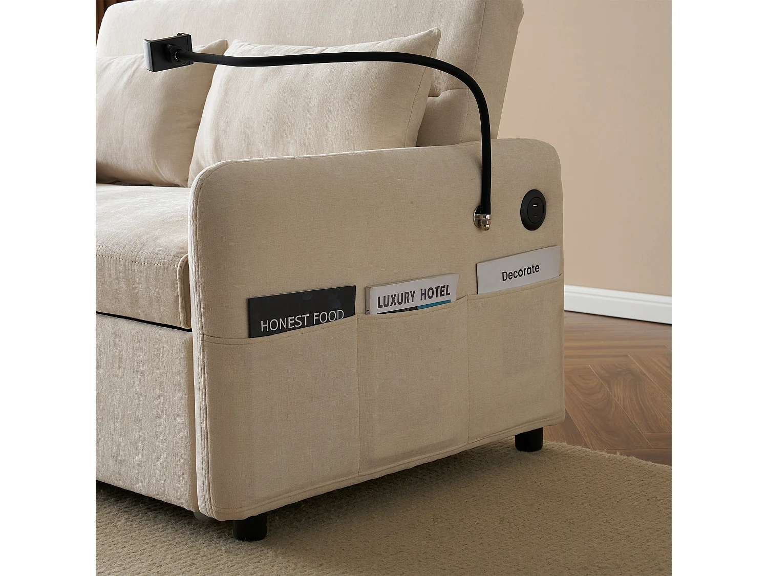 Sofá convertible de 2 plazas con respaldo regulable - Soporte y toma USB - Tejido chenilla - Función dormir - Beige