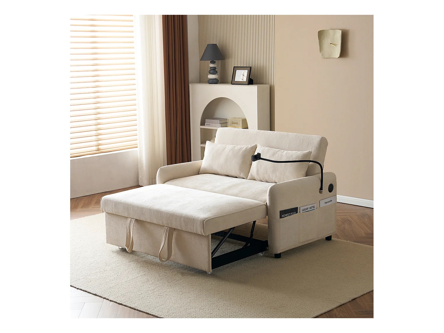 Canapé convertible 2 places avec dossier réglable - Support et prise USB - Tissu chenille - Fonction sommeil - Beige
