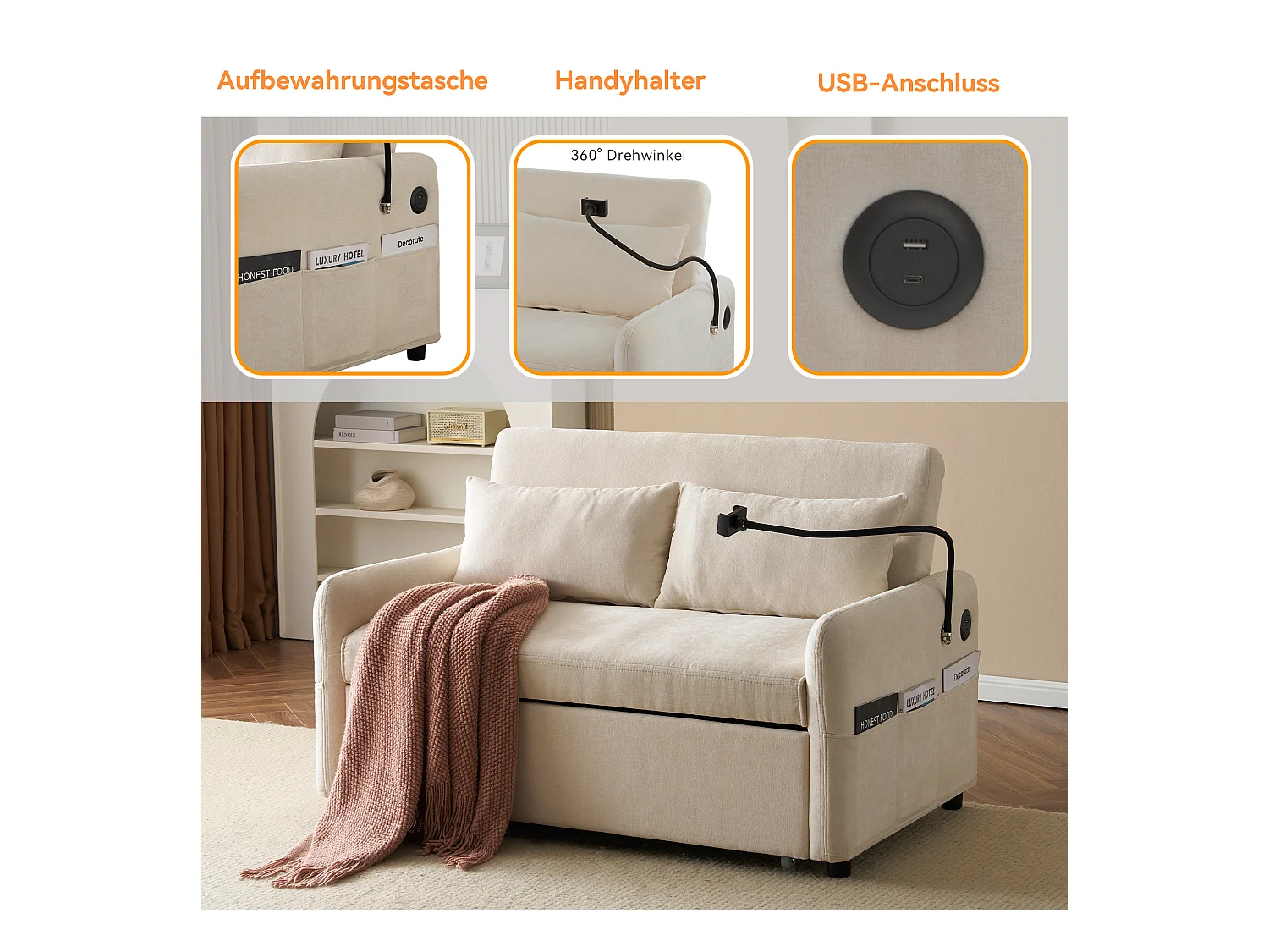 2-Sitzer-Umbausofa mit verstellbarer Rückenlehne – Stütze und USB-Anschluss – Chenille-Stoff – Schlaffunktion – Beige