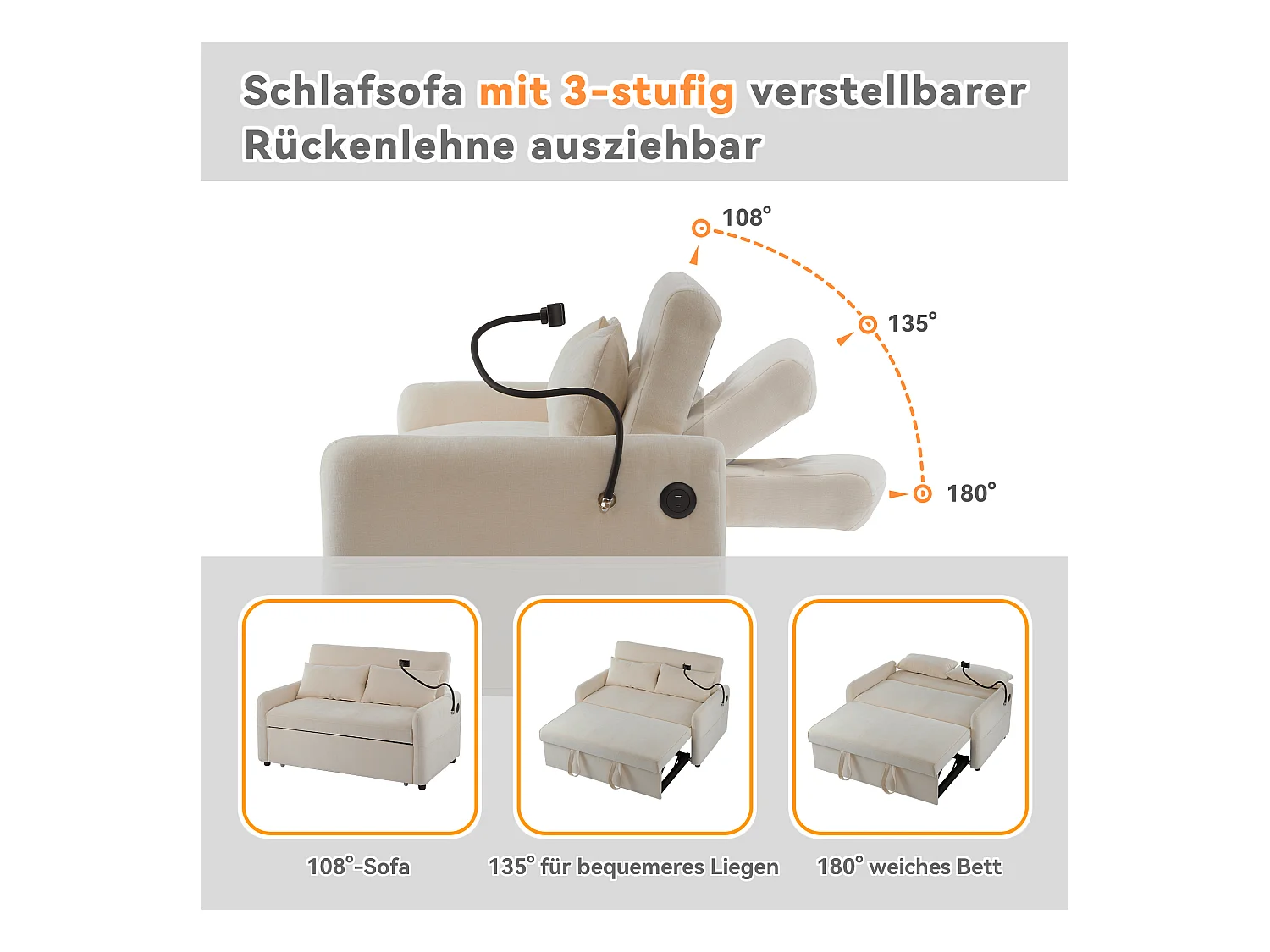 2-Sitzer-Umbausofa mit verstellbarer Rückenlehne – Stütze und USB-Anschluss – Chenille-Stoff – Schlaffunktion – Beige