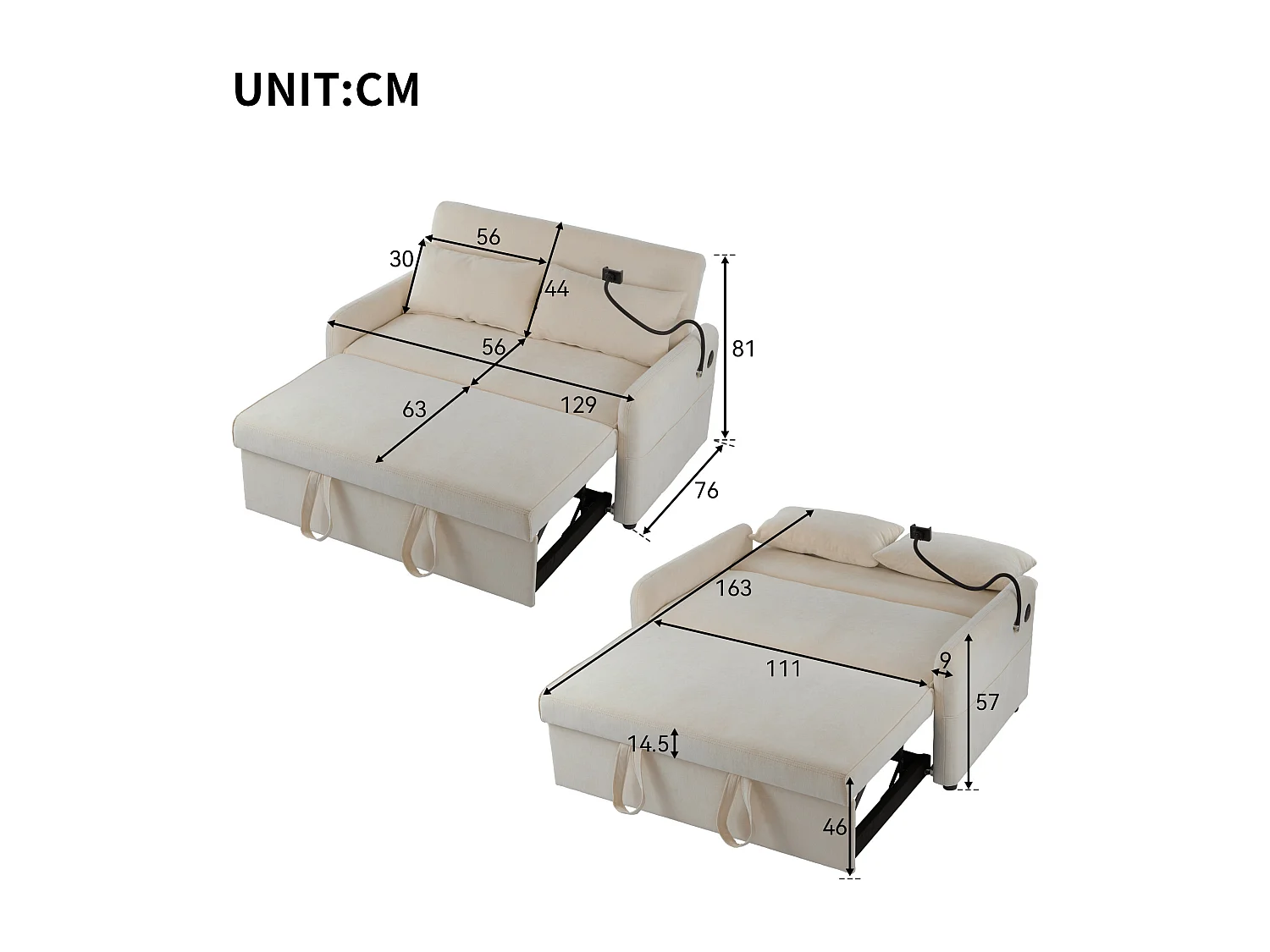 2-Sitzer-Umbausofa mit verstellbarer Rückenlehne – Stütze und USB-Anschluss – Chenille-Stoff – Schlaffunktion – Beige