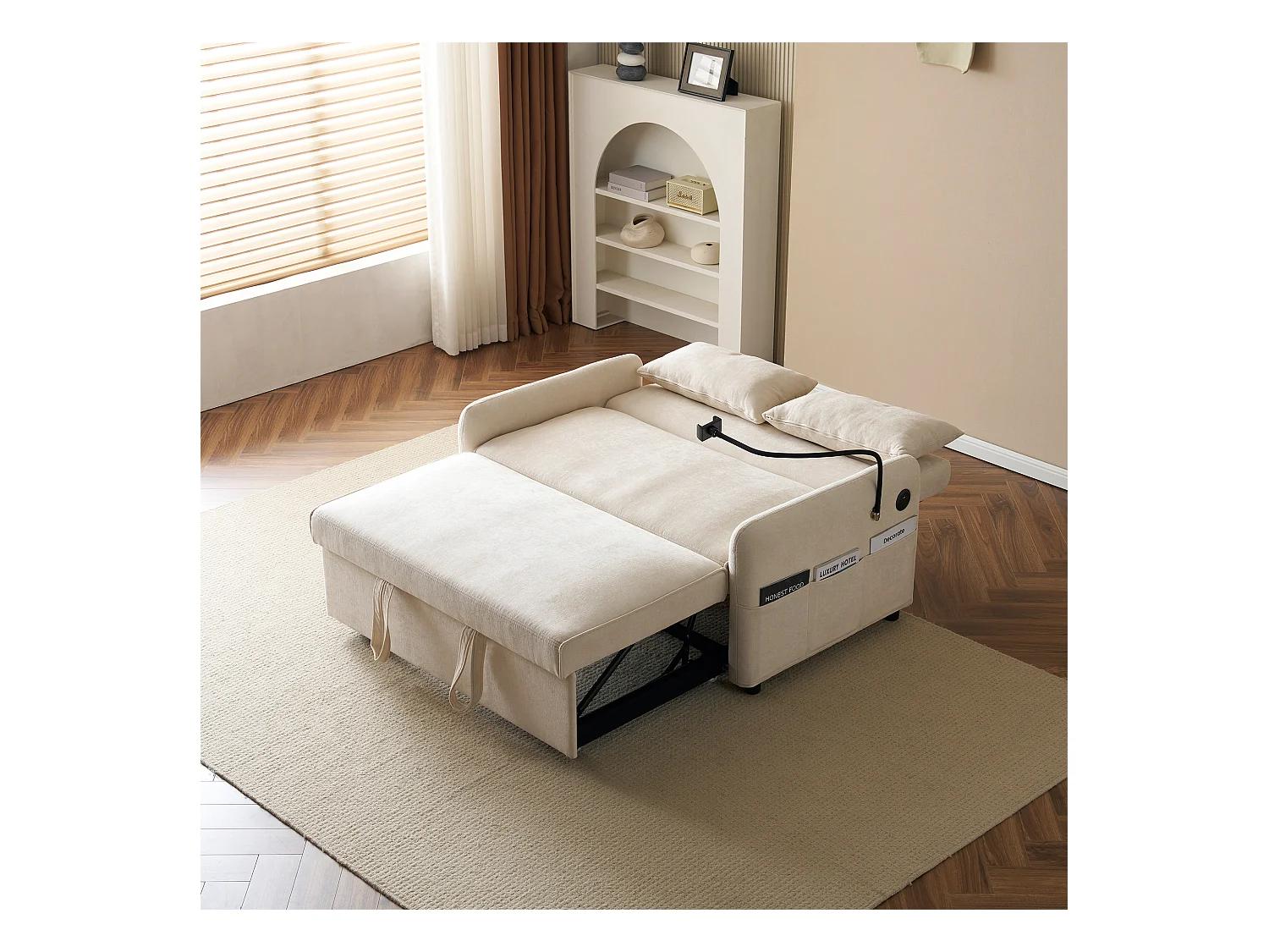 2-Sitzer-Umbausofa mit verstellbarer Rückenlehne – Stütze und USB-Anschluss – Chenille-Stoff – Schlaffunktion – Beige