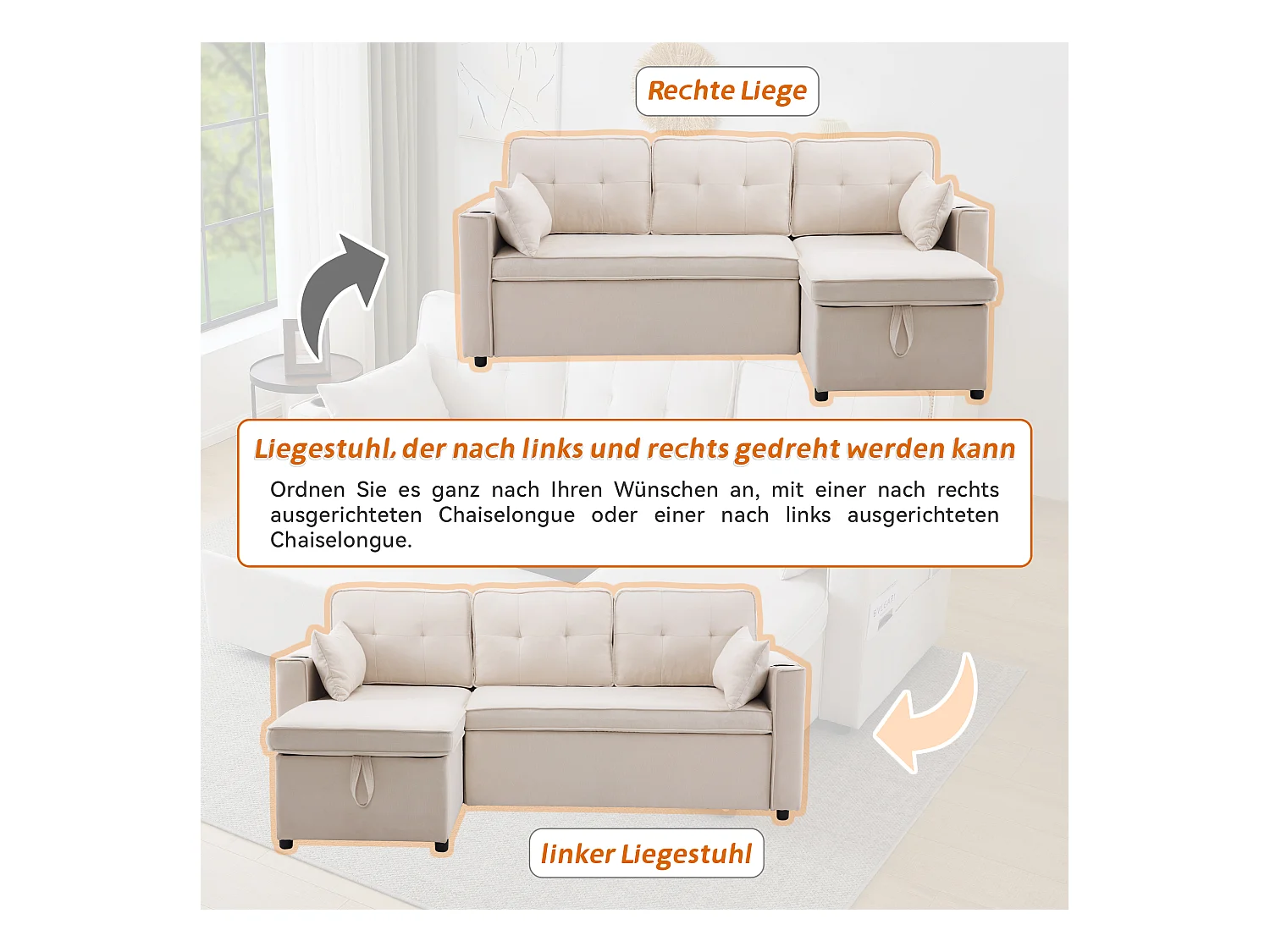 Divano angolare trasformabile a 3 posti con contenitore e portabicchieri - Funzione sleep - Cotone e lino - Beige