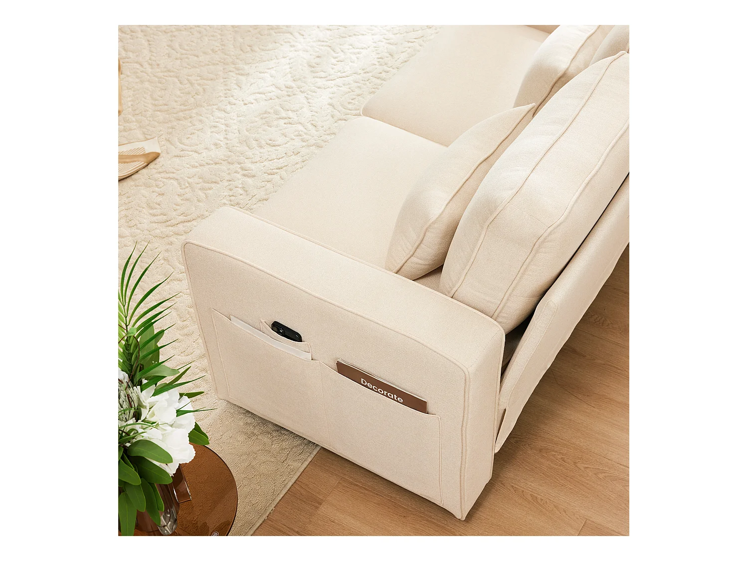 4-zitsbank - 290 x 83 x 88 cm - met 2 bekerhouders, 2 USB-poorten, 2 zakken en 4 kussens - Linnen stof - Beige