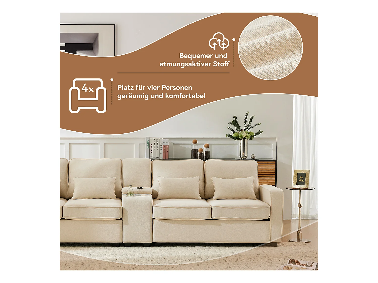 4-zitsbank - 290 x 83 x 88 cm - met 2 bekerhouders, 2 USB-poorten, 2 zakken en 4 kussens - Linnen stof - Beige