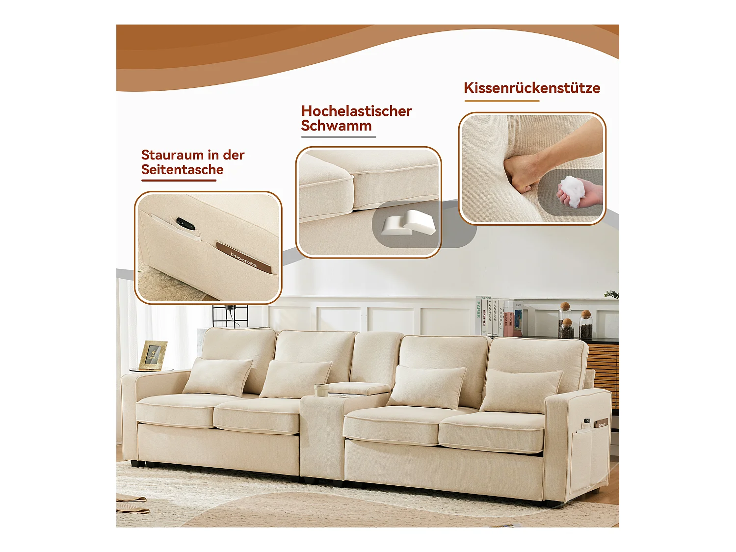 4-zitsbank - 290 x 83 x 88 cm - met 2 bekerhouders, 2 USB-poorten, 2 zakken en 4 kussens - Linnen stof - Beige