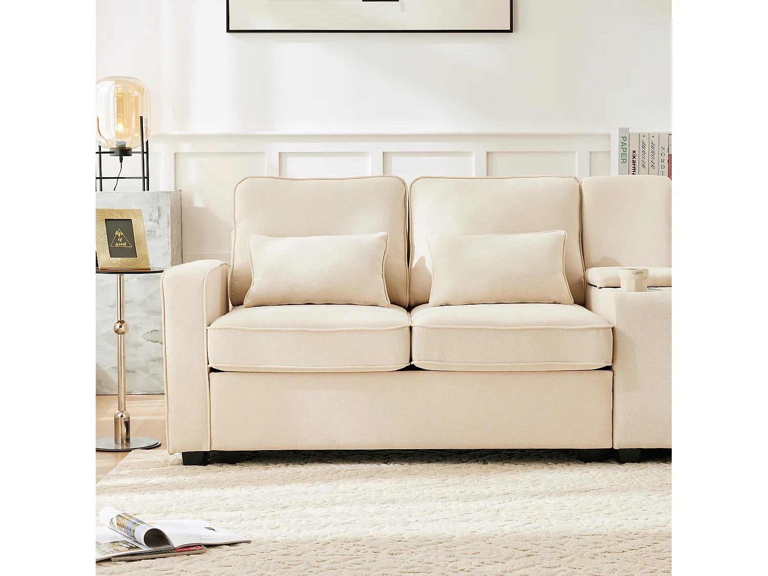 4-zitsbank - 290 x 83 x 88 cm - met 2 bekerhouders, 2 USB-poorten, 2 zakken en 4 kussens - Linnen stof - Beige