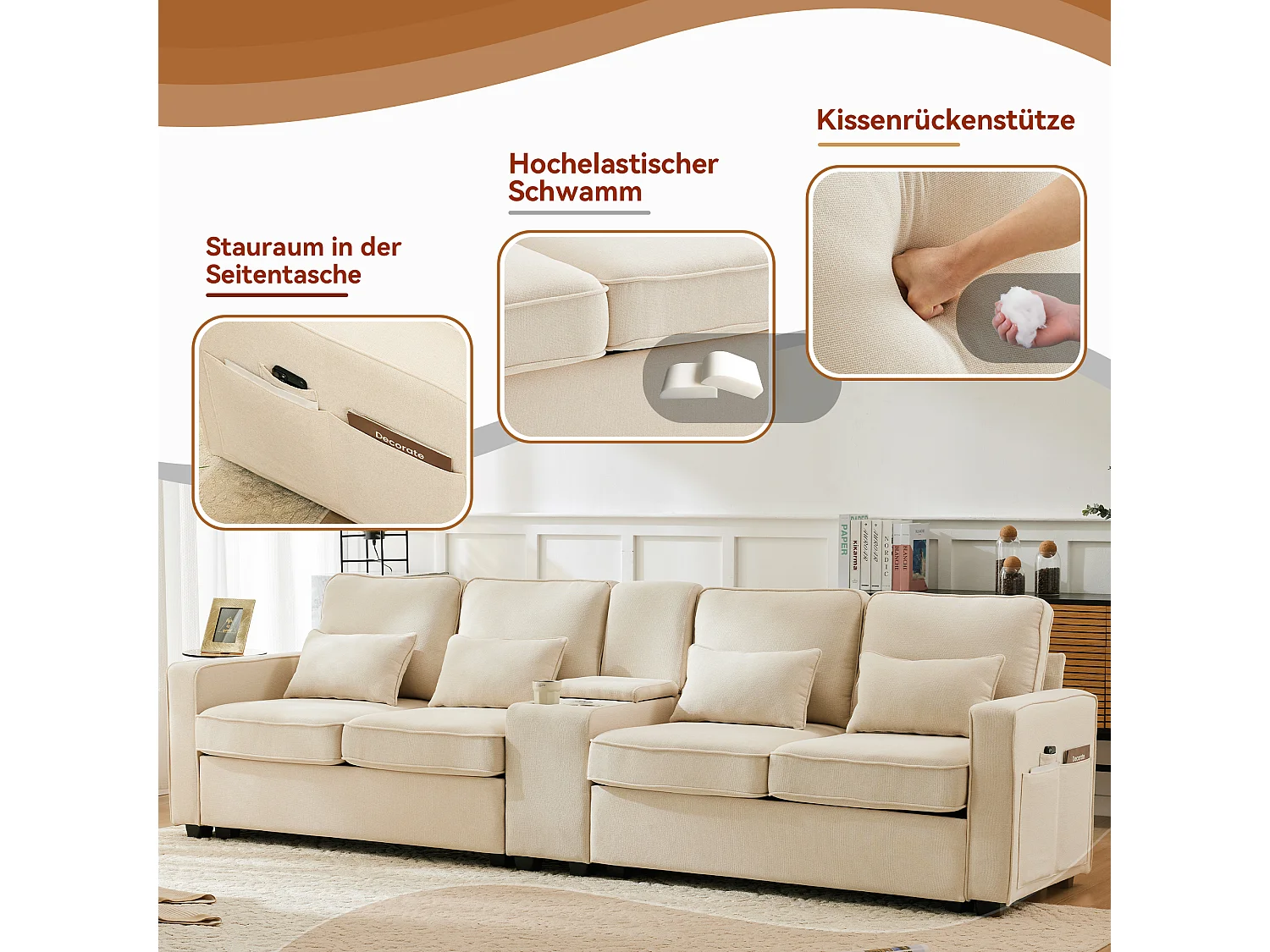 4-zitsbank - 290 x 83 x 88 cm - met 2 bekerhouders, 2 USB-poorten, 2 zakken en 4 kussens - Linnen stof - Beige