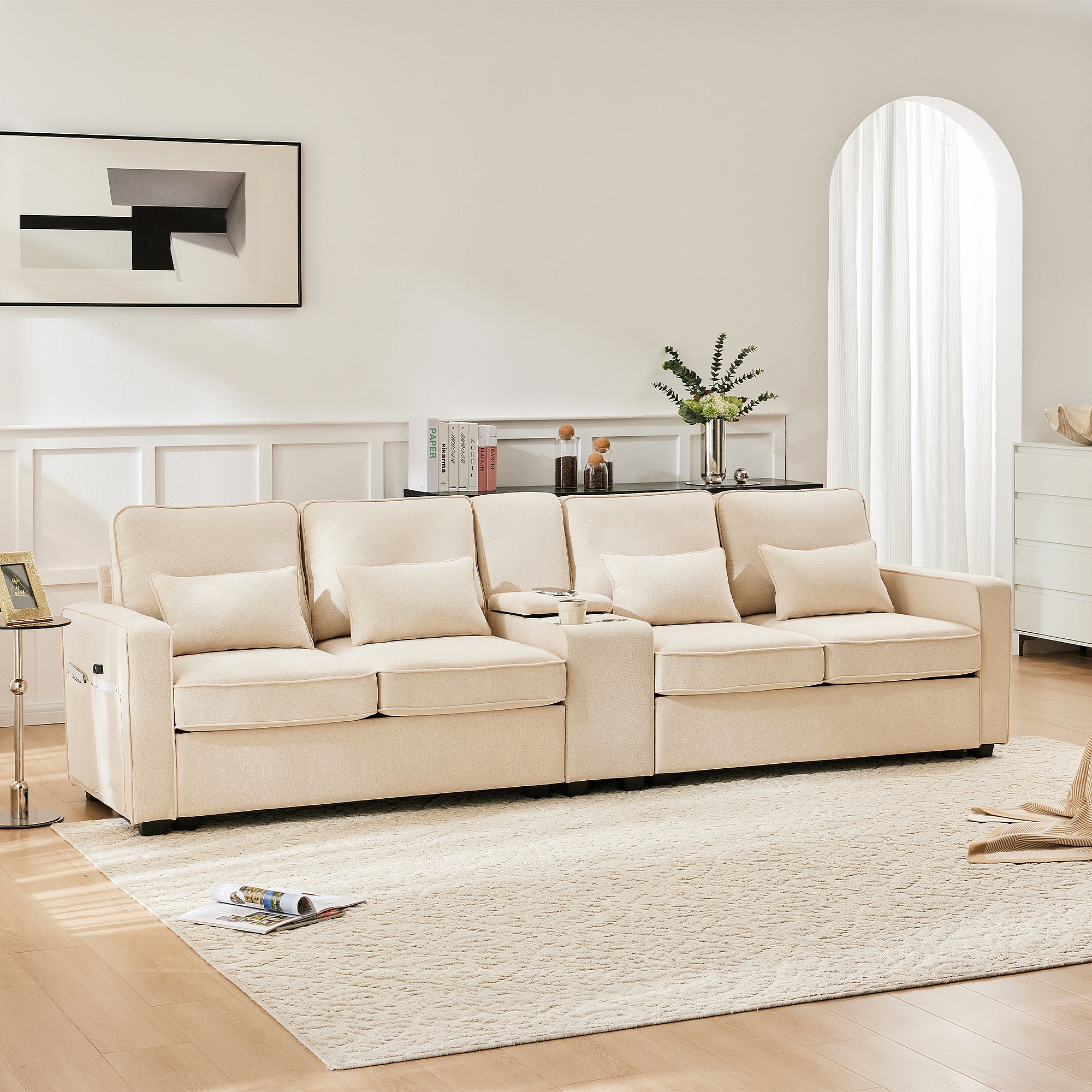 Canapé 4 Places Beige Avec Rangement - Ports USB, Porte-gobelets - Grand Sofa D'Angle Moderne