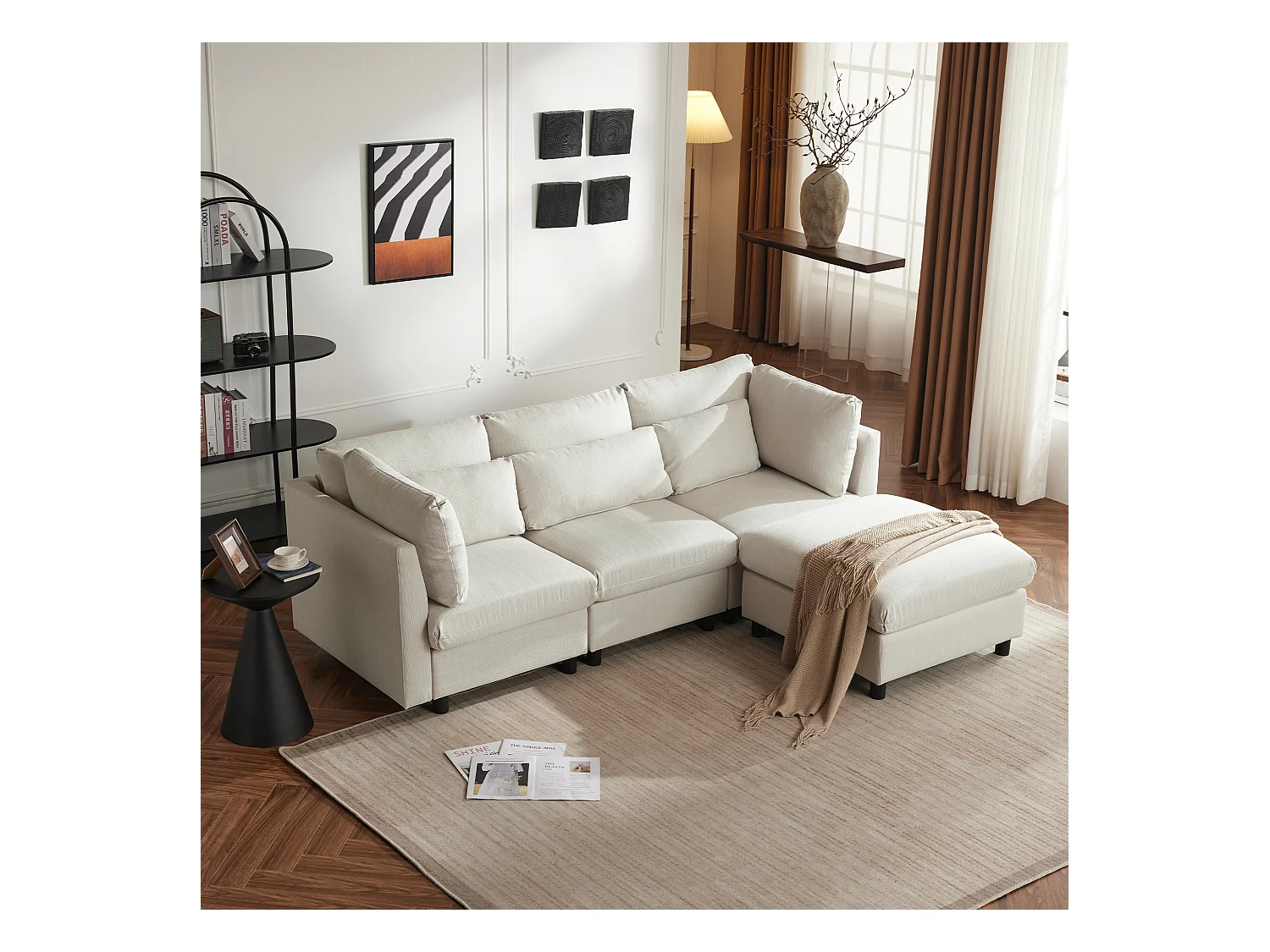 Omkeerbare 3-zits hoekbank met voetsteun - 220 x 83 x 81 cm - Linnen stof - Beige