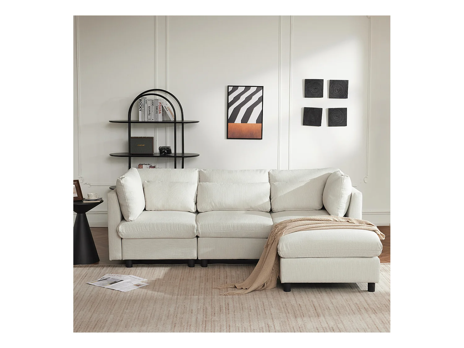 Canapé d'angle réversible 3 places avec repose-pieds - 220 x 83 x 81 cm - Tissu en lin - Beige