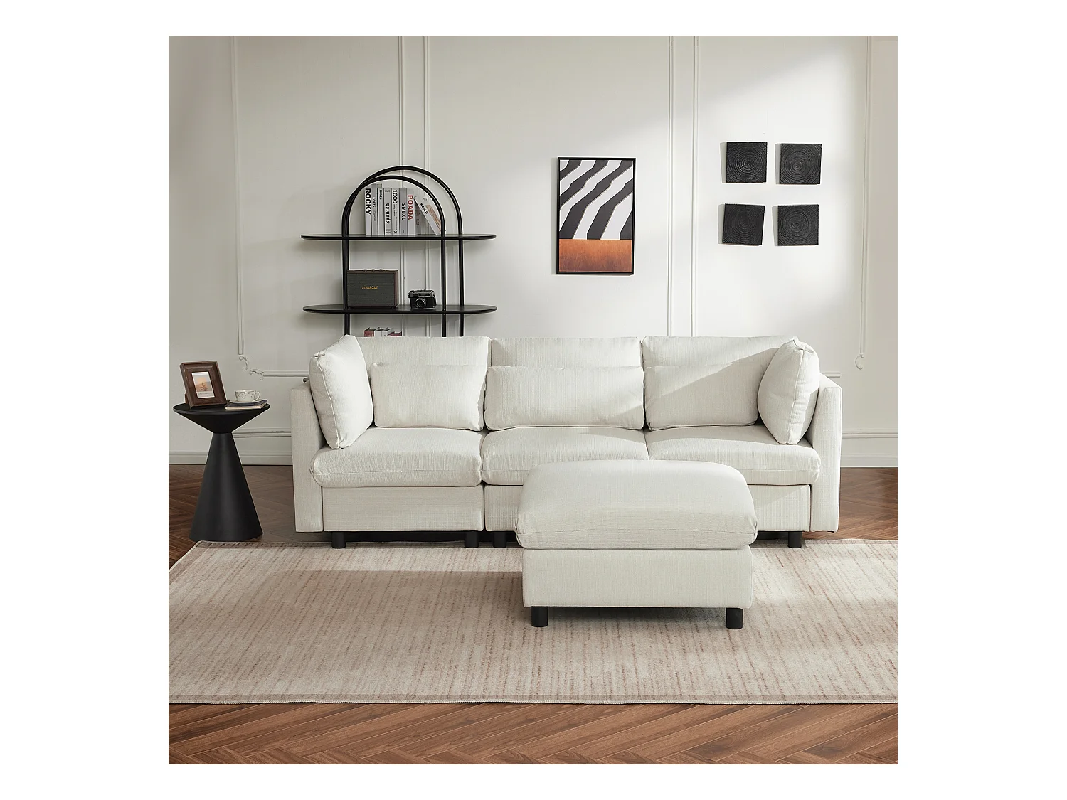 Wendbares 3-Sitzer-Ecksofa mit Fußstütze – 220 x 83 x 81 cm – Leinenstoff – Beige