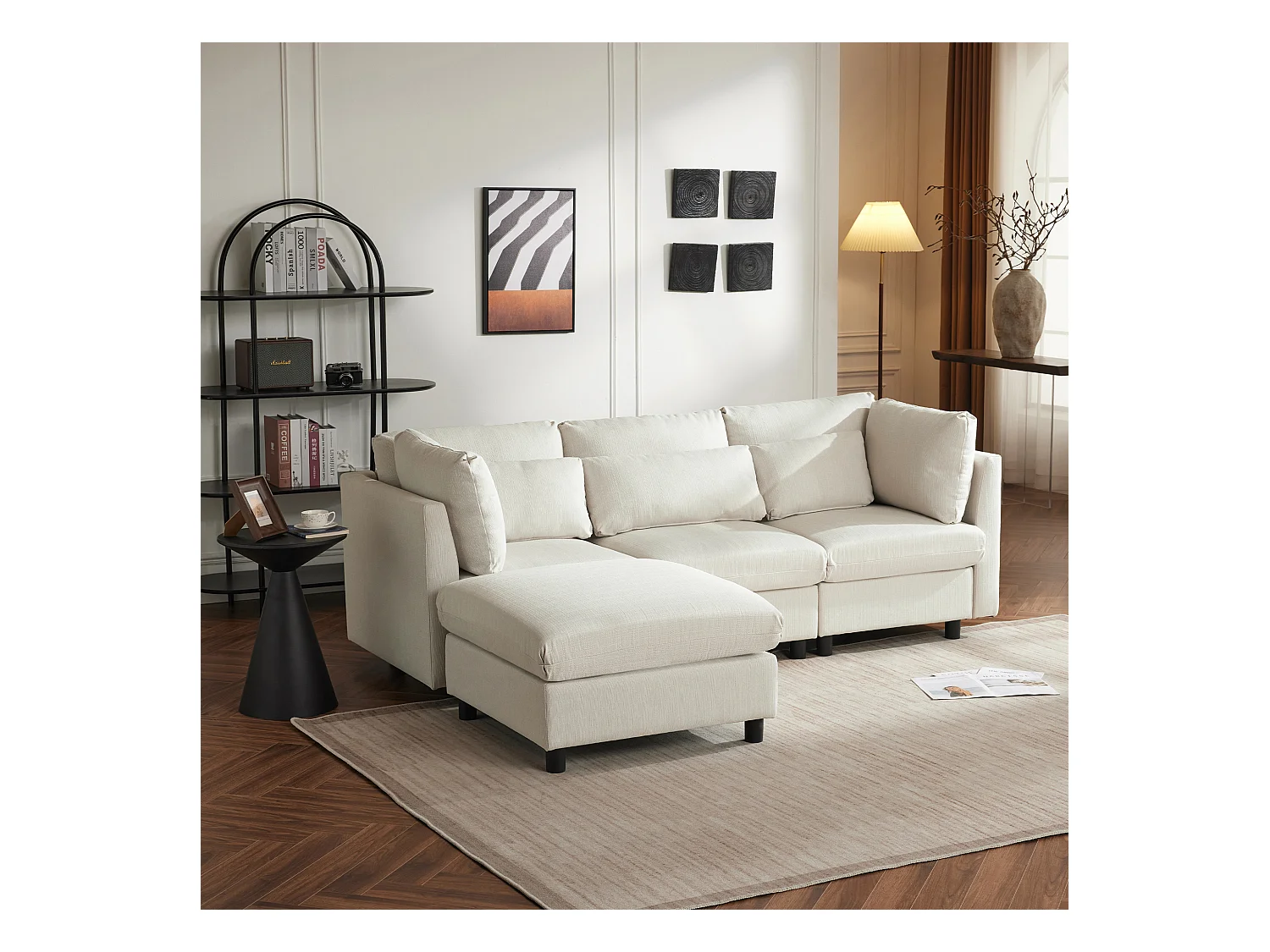 Wendbares 3-Sitzer-Ecksofa mit Fußstütze – 220 x 83 x 81 cm – Leinenstoff – Beige