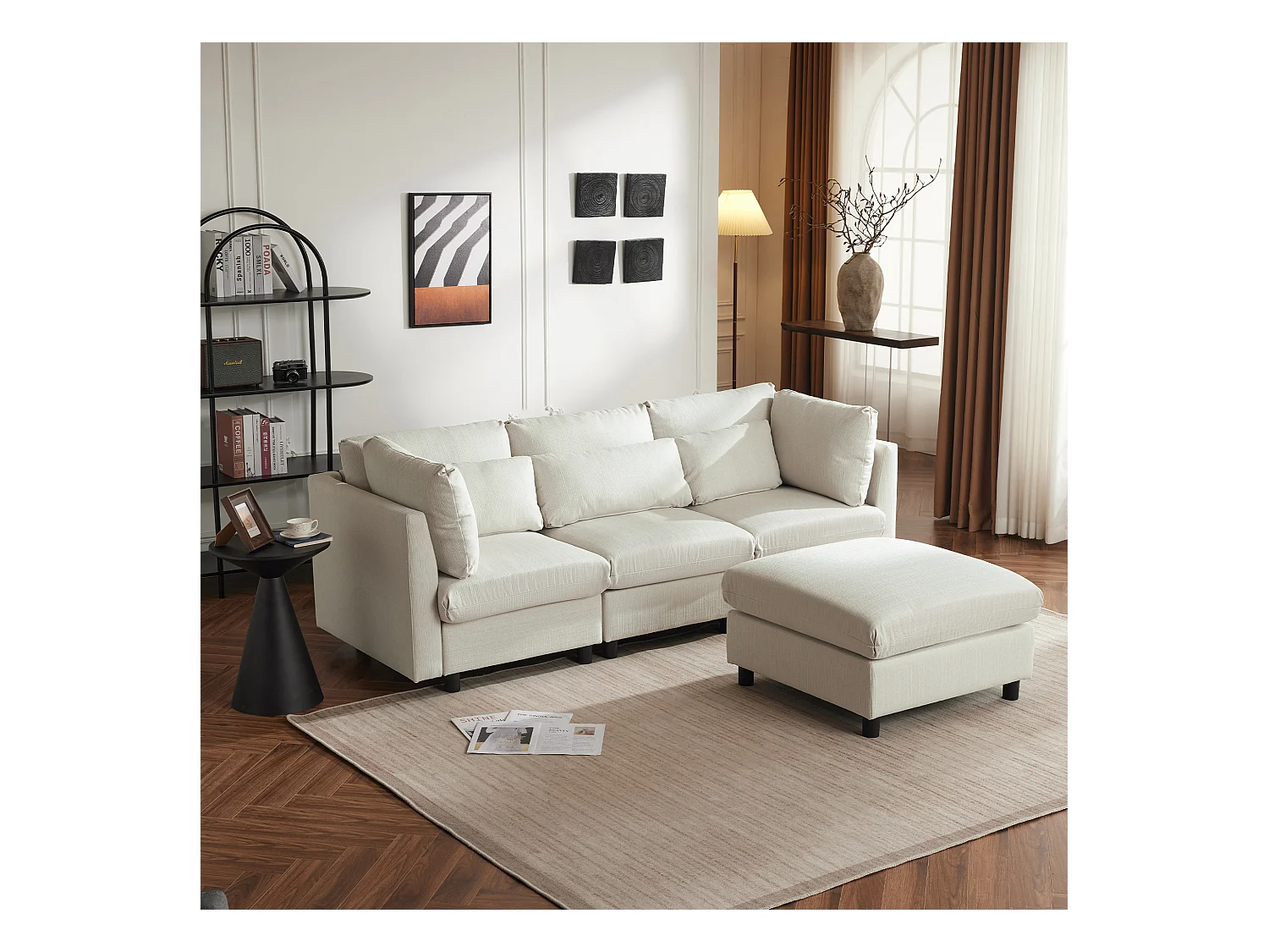 Wendbares 3-Sitzer-Ecksofa mit Fußstütze – 220 x 83 x 81 cm – Leinenstoff – Beige