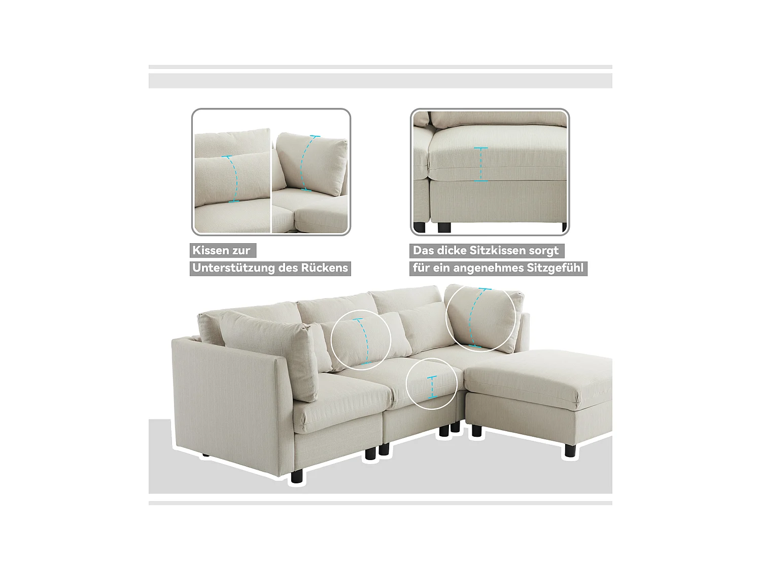 Wendbares 3-Sitzer-Ecksofa mit Fußstütze – 220 x 83 x 81 cm – Leinenstoff – Beige