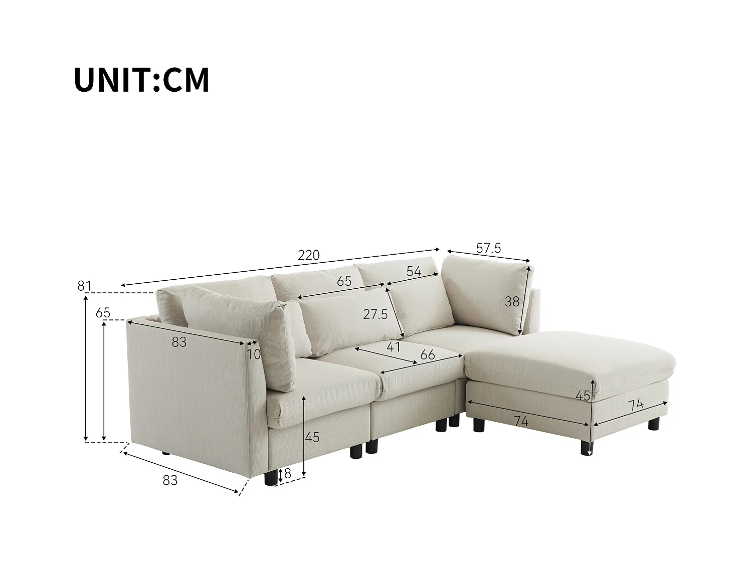 Wendbares 3-Sitzer-Ecksofa mit Fußstütze – 220 x 83 x 81 cm – Leinenstoff – Beige