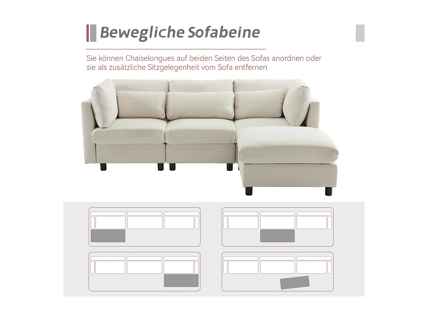 Canapé d'angle réversible 3 places avec repose-pieds - 220 x 83 x 81 cm - Tissu en lin - Beige