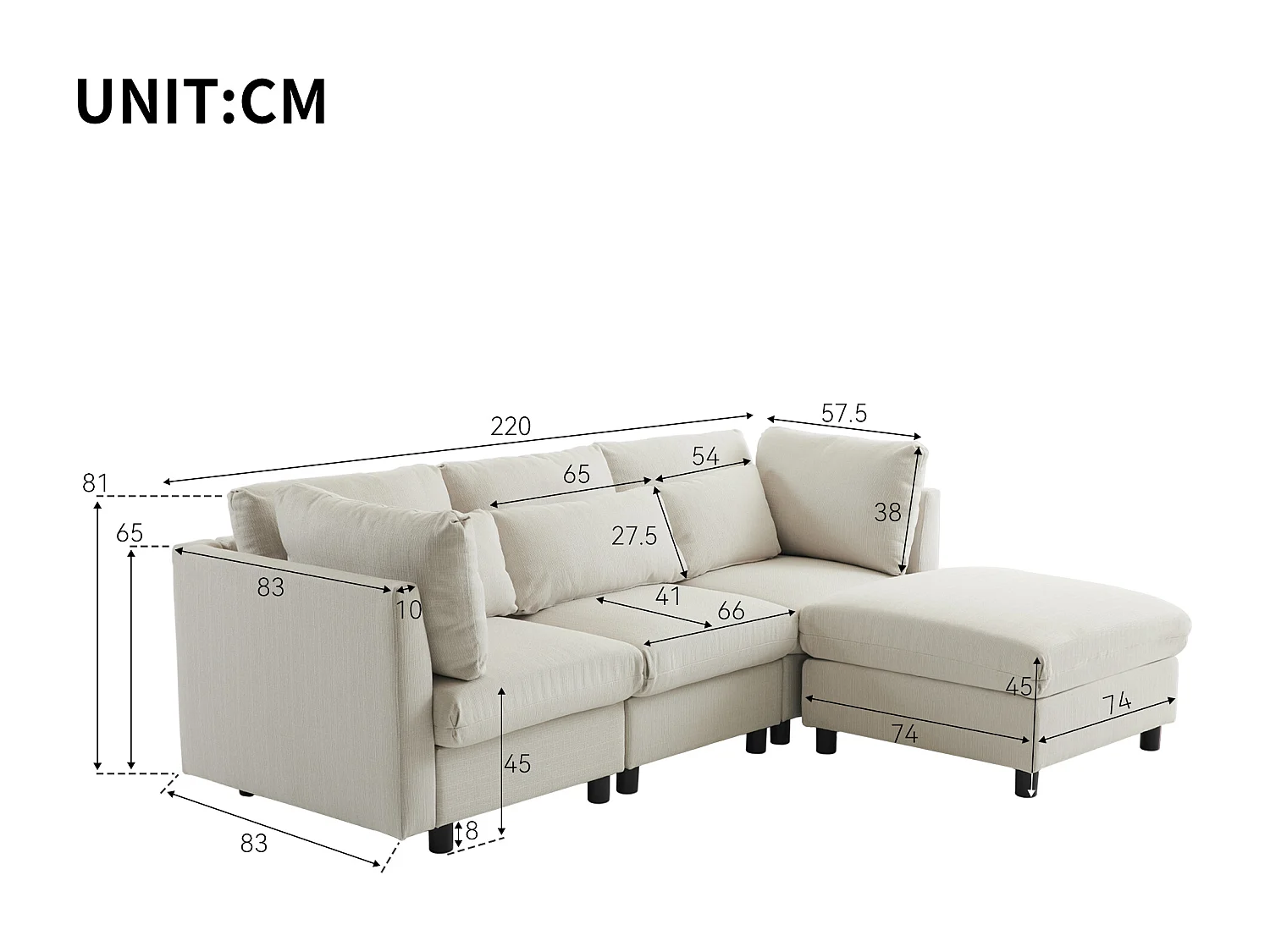 Canapé d'angle réversible 3 places avec repose-pieds - 220 x 83 x 81 cm - Tissu en lin - Beige