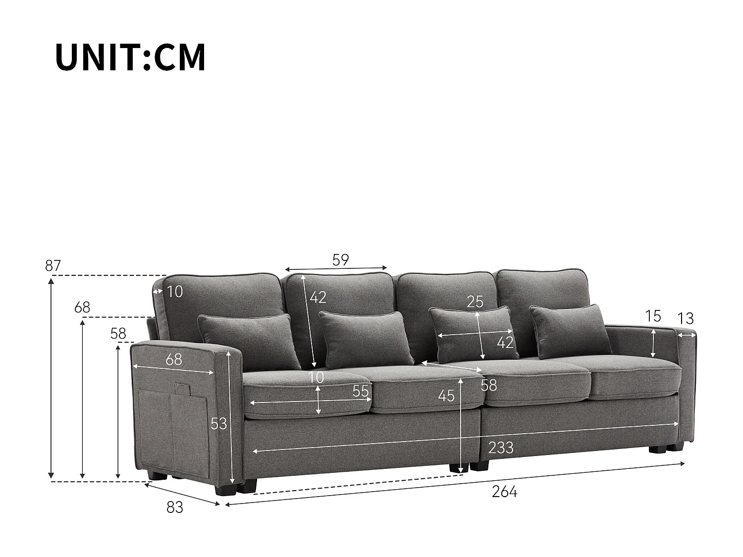 Moderne 4-zits bank met 4 kussens - 264 x 83 x 87 cm - Linnen stof - Donkergrijs