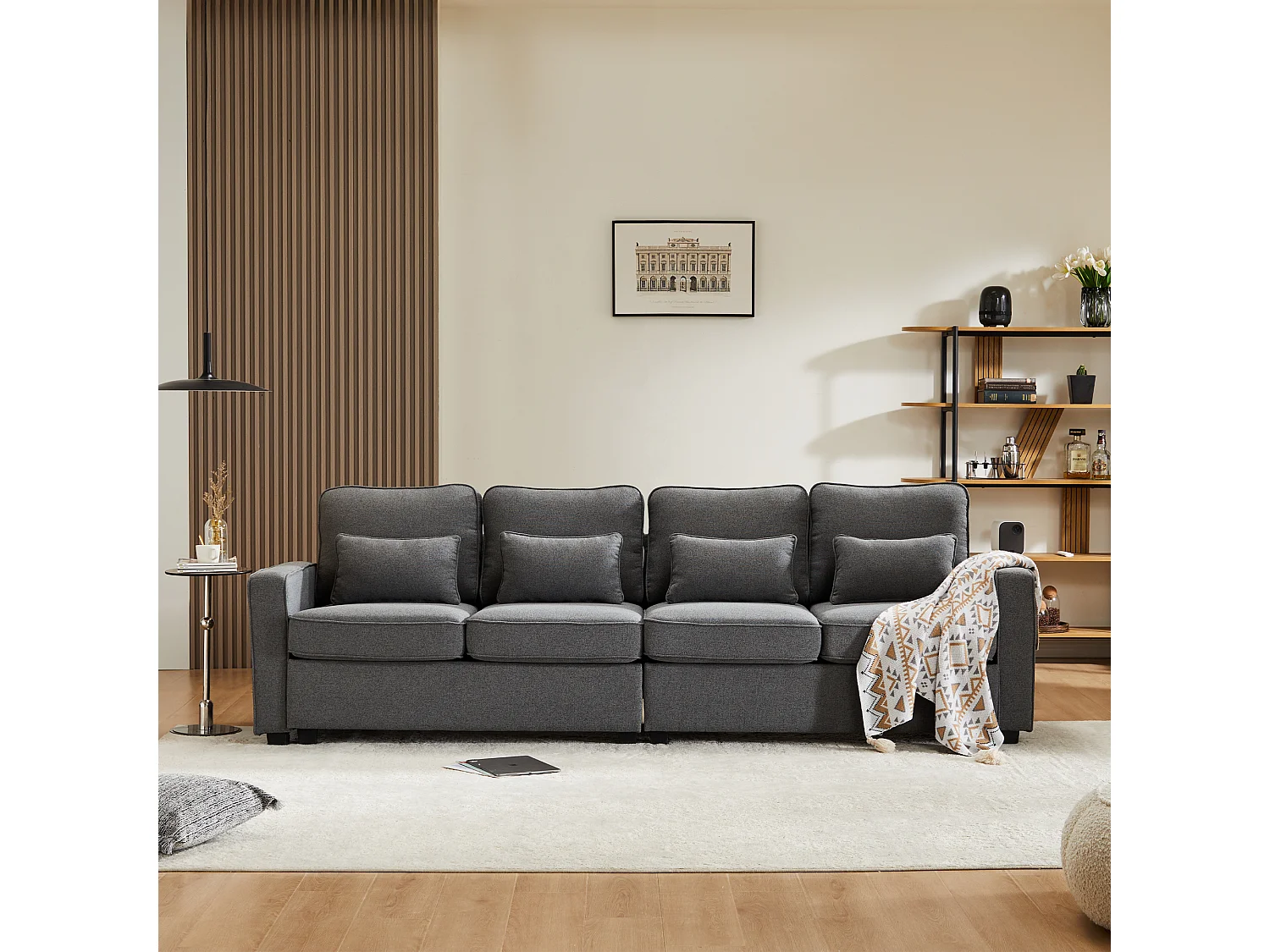 Modernes 4-Sitzer-Sofa mit 4 Kissen – 264 x 83 x 87 cm – Leinenstoff – Dunkelgrau