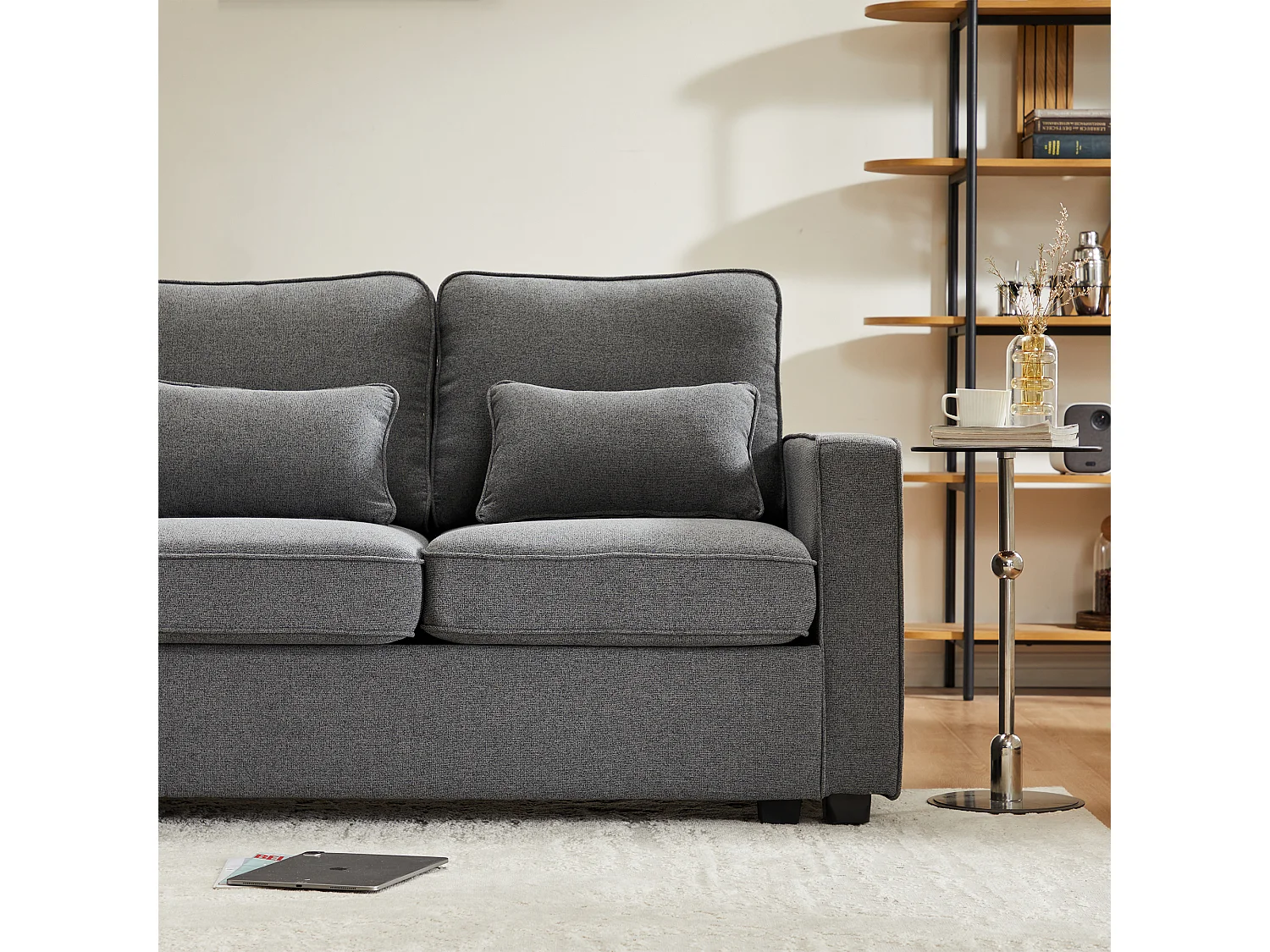 Modernes 4-Sitzer-Sofa mit 4 Kissen – 264 x 83 x 87 cm – Leinenstoff – Dunkelgrau