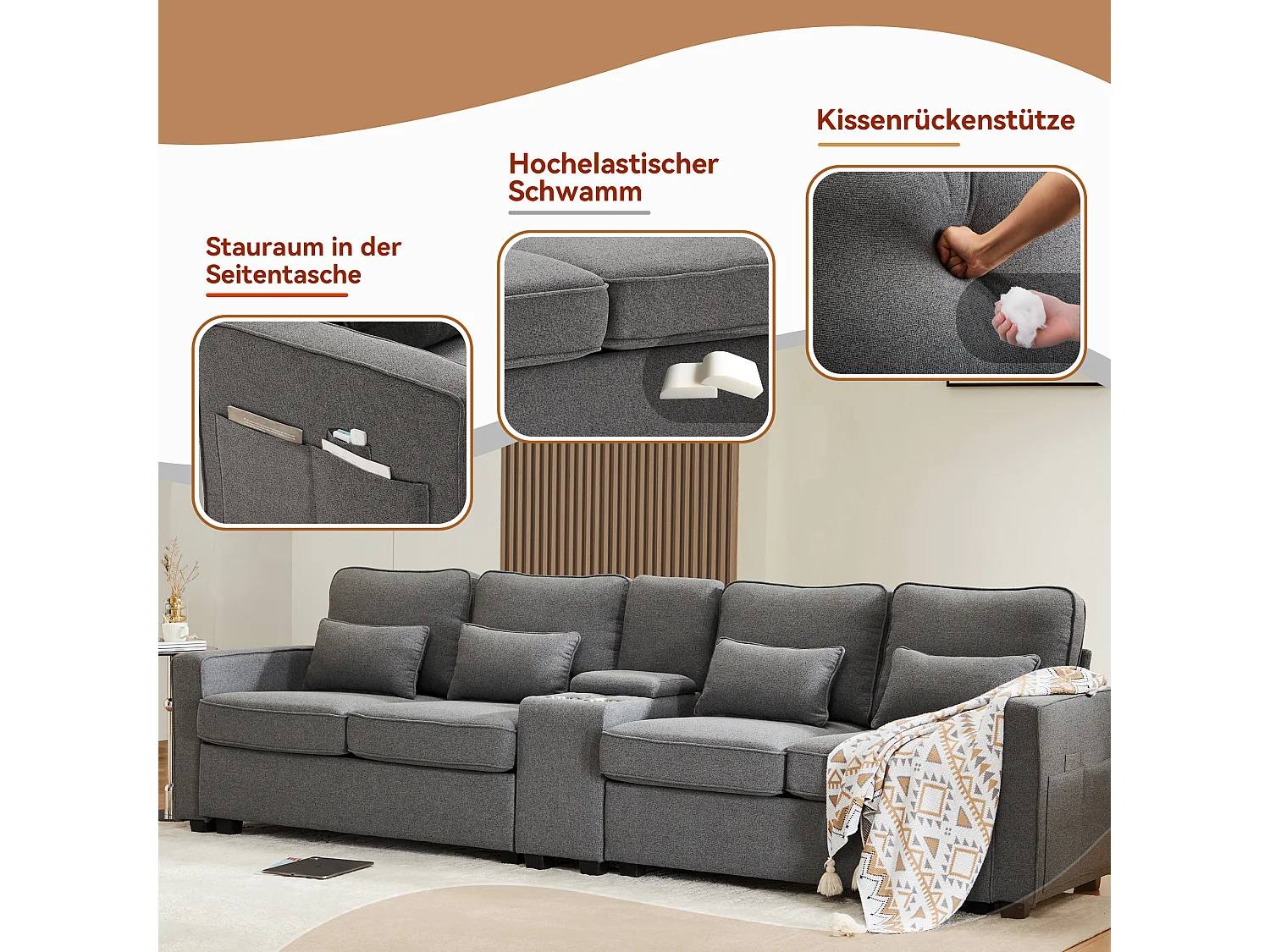 Divano 4 posti - 290 x 83 x 88 cm - con 2 portabicchieri, 2 porte USB, 2 tasche e 4 cuscini - Tessuto di lino - Grigio scuro