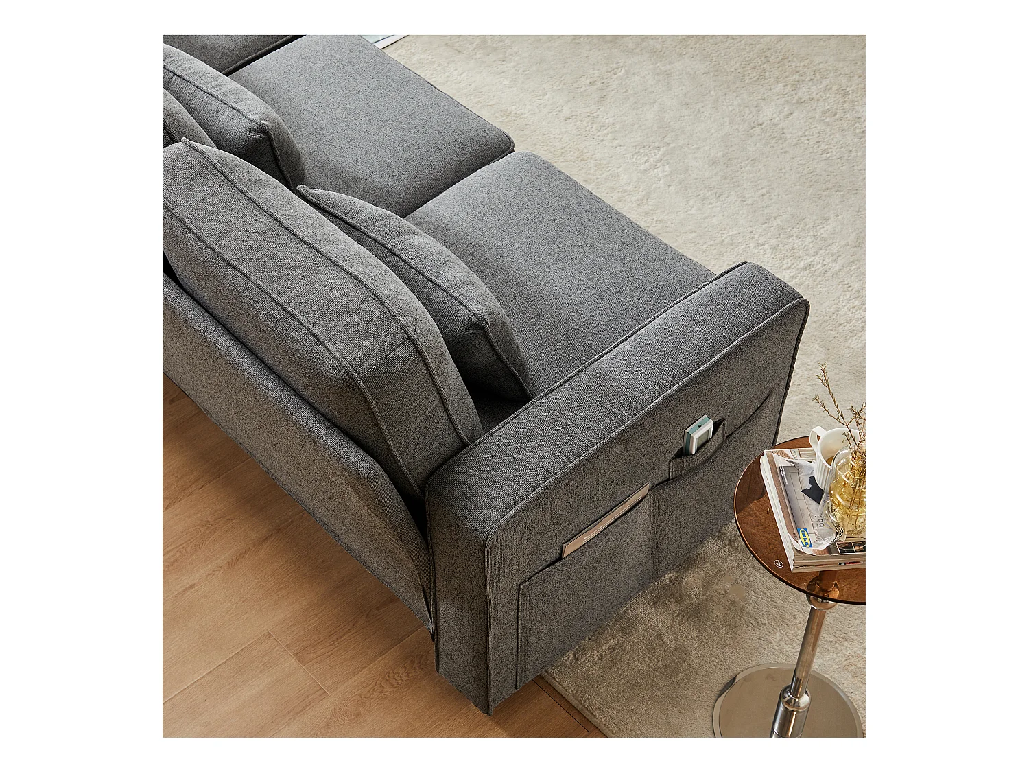 Canapé 4 places - 290 x 83 x 88 cm - avec 2 porte-gobelets, 2 ports USB, 2 poches et 4 coussins - Tissu en lin - Gris foncé