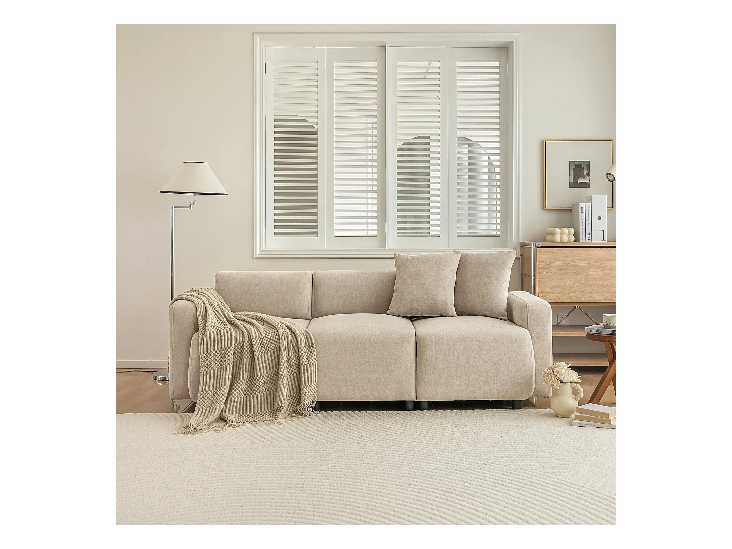 Canapé 3 places avec 2 coussins - 211 x 67 x 71 cm - Tissu en chenille - Beige