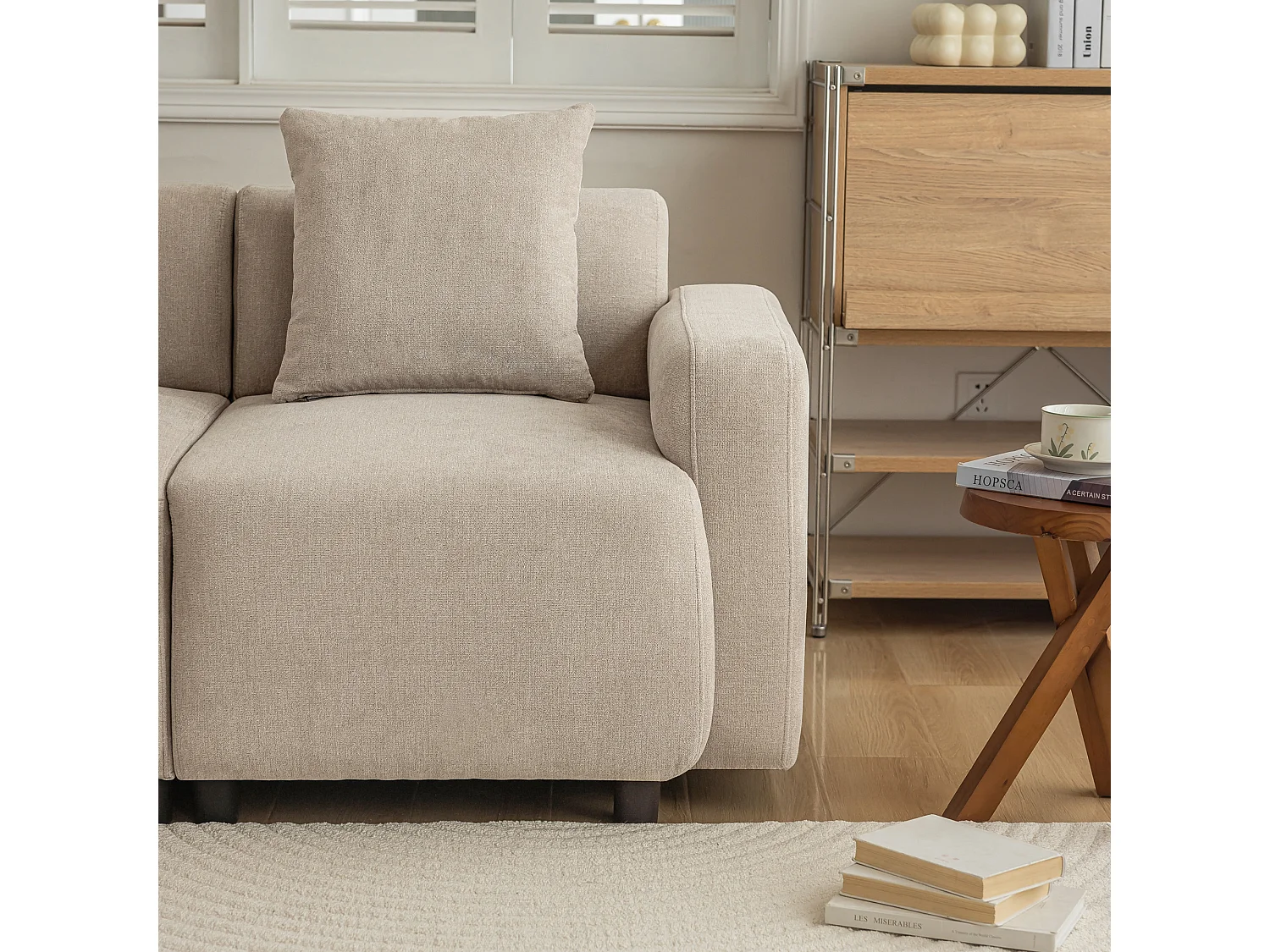 Canapé 3 places avec 2 coussins - 211 x 67 x 71 cm - Tissu en chenille - Beige