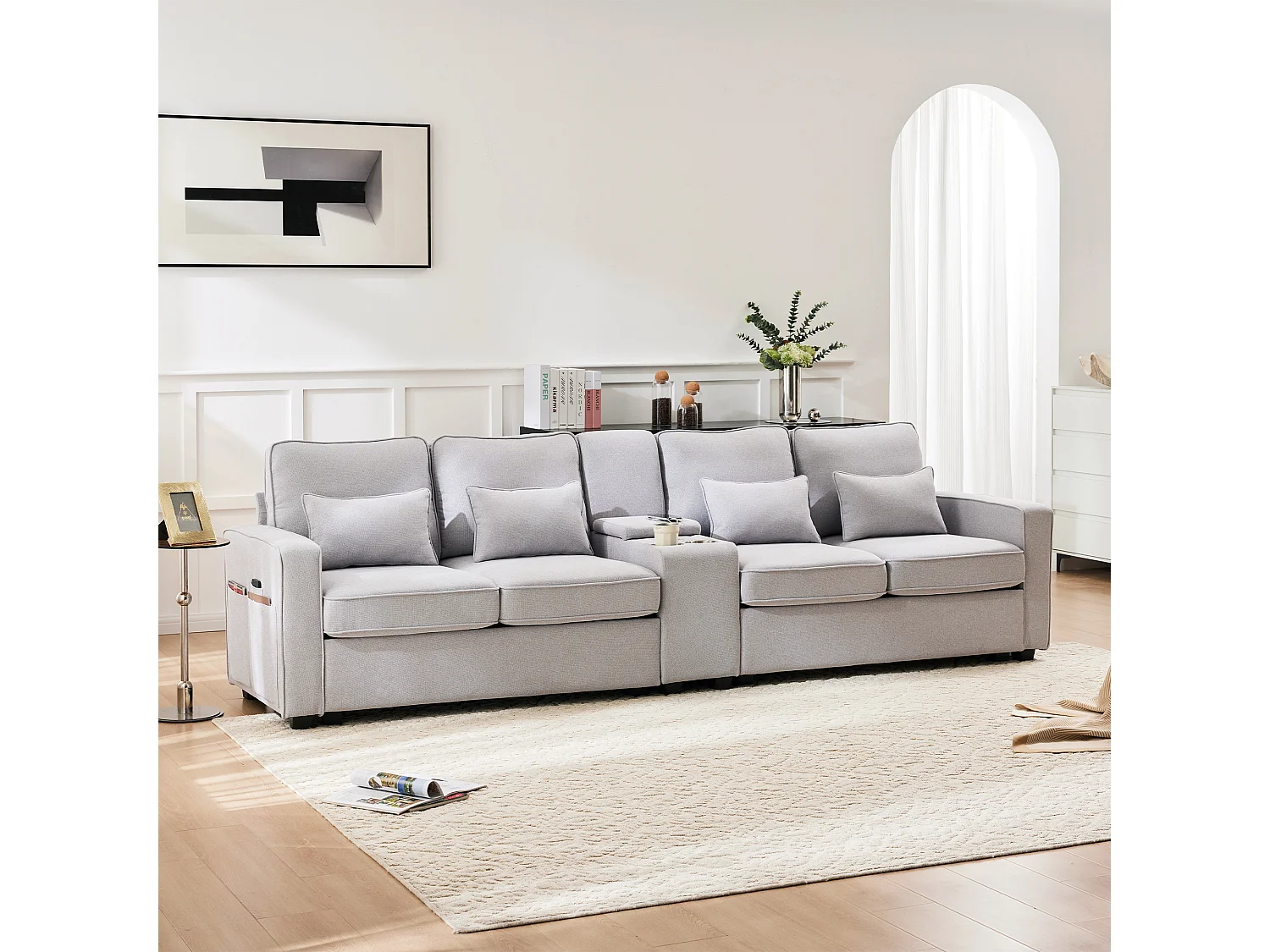 Sofá de 4 lugares - 290 x 83 x 88 cm - com 2 porta-copos, 2 portas USB, 2 bolsos e 4 almofadas - Tecido de linho - Cinza