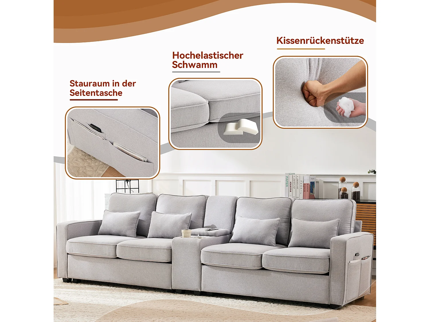 Sofá de 4 lugares - 290 x 83 x 88 cm - com 2 porta-copos, 2 portas USB, 2 bolsos e 4 almofadas - Tecido de linho - Cinza