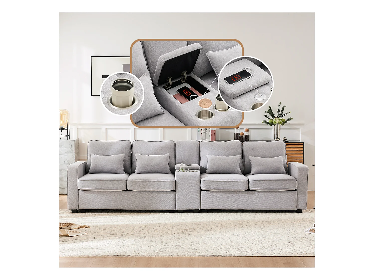 Canapé 4 places - 290 x 83 x 88 cm - avec 2 porte-gobelets, 2 ports USB, 2 poches et 4 coussins - Tissu en lin - Gris