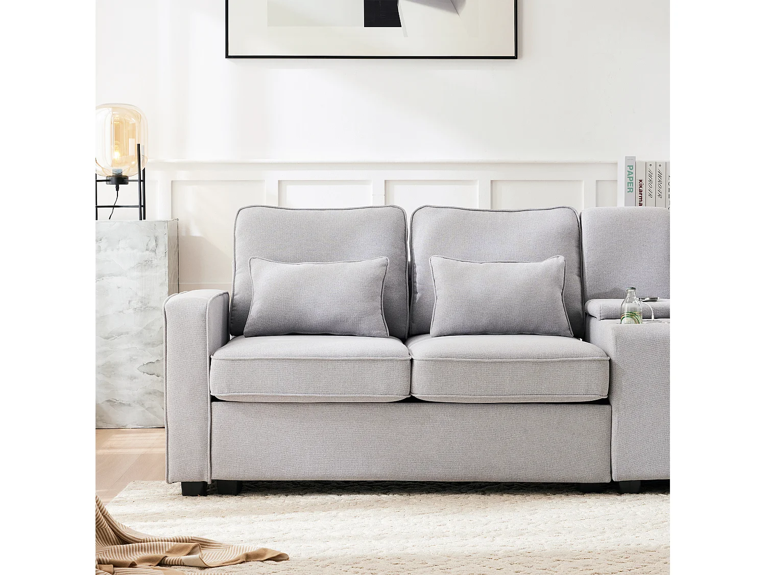 Canapé 4 places - 290 x 83 x 88 cm - avec 2 porte-gobelets, 2 ports USB, 2 poches et 4 coussins - Tissu en lin - Gris