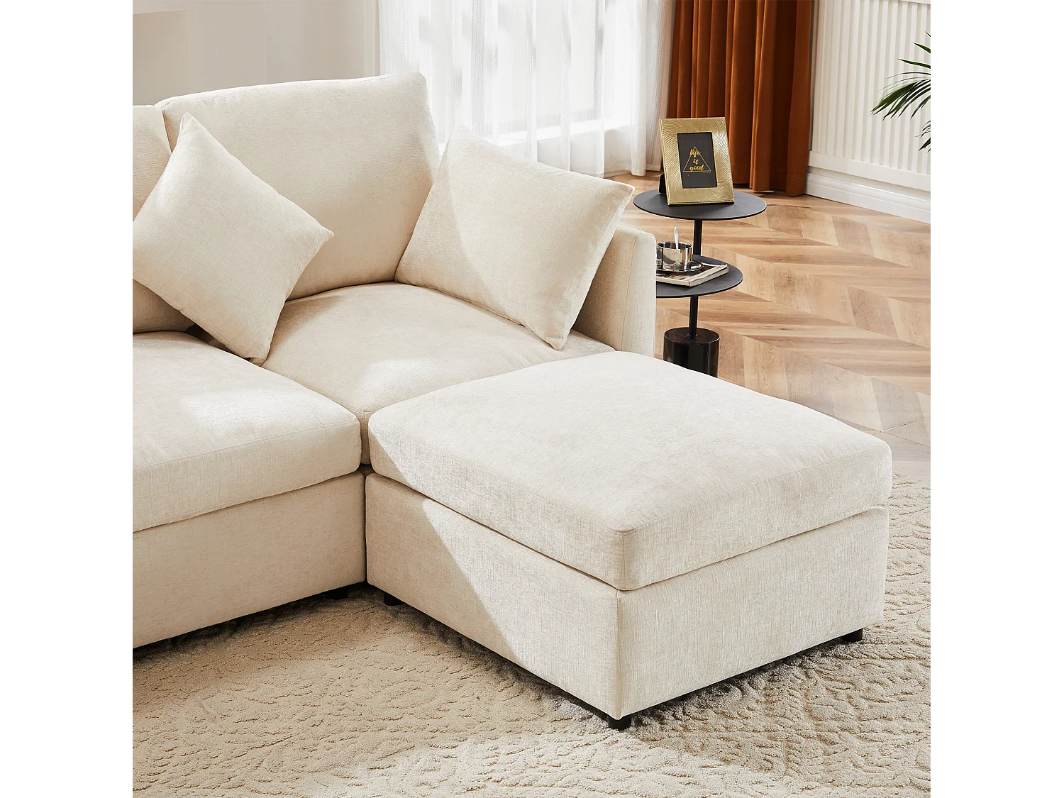 Canapé d'angle 4 places - 216 x 161 x 81 cm - Tissu chenille - Beige