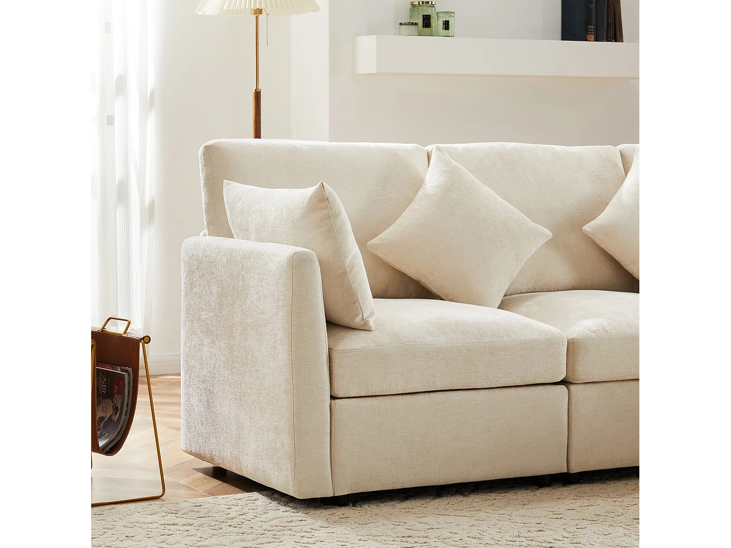 Canapé d'angle 4 places en polypropylène chenille beige 216x161x81 cm