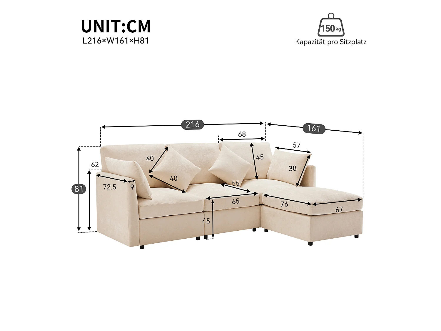 Canapé d'angle 4 places en polypropylène chenille beige 216x161x81 cm