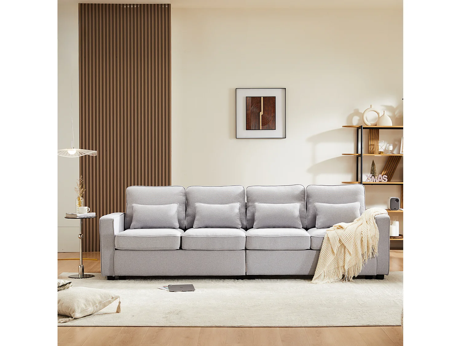 Divano moderno 4 posti con 4 cuscini - 264 x 83 x 87 cm - Tessuto di lino - Grigio