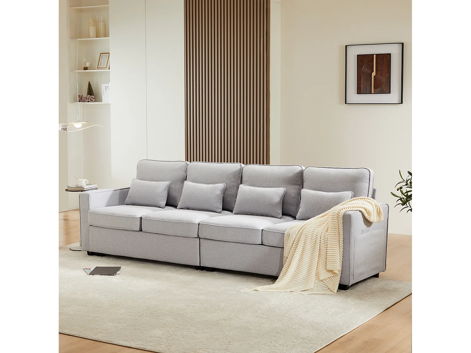 Divano moderno 4 posti con 4 cuscini - 264 x 83 x 87 cm - Tessuto di lino - Grigio