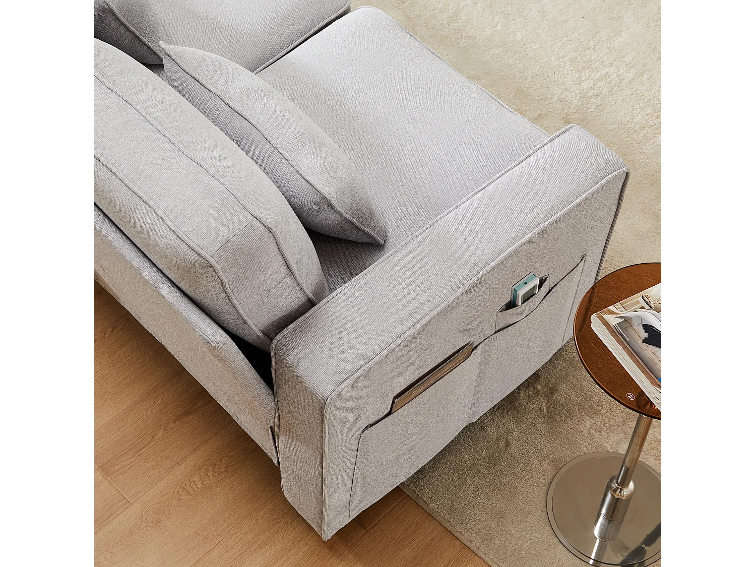 Divano moderno 4 posti con 4 cuscini - 264 x 83 x 87 cm - Tessuto di lino - Grigio