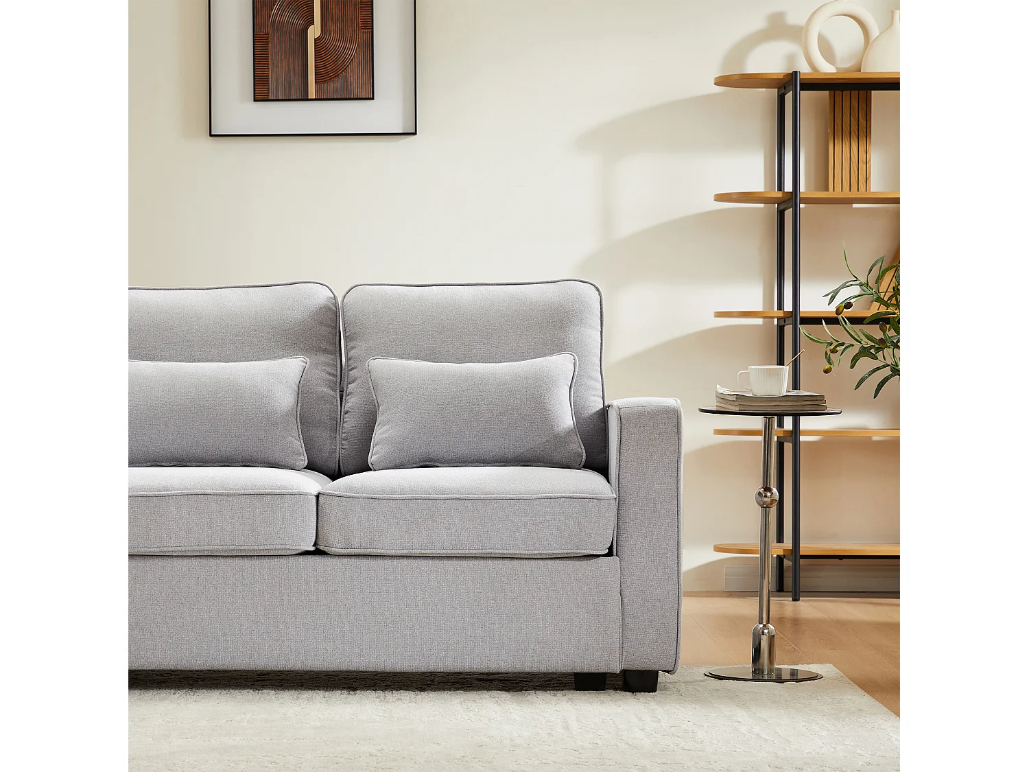 Canapé moderne 4 places avec 4 coussins - 264 x 83 x 87 cm - Tissu en lin - Gris