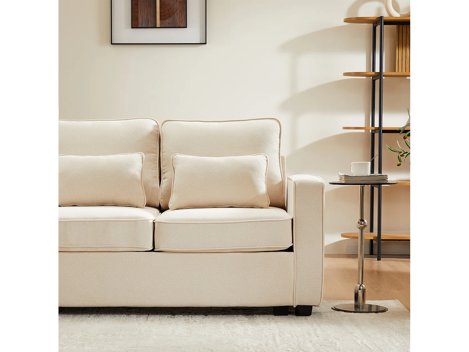 Canapé moderne 4 places avec 4 coussins - 264 x 83 x 87 cm - Tissu en lin - Beige