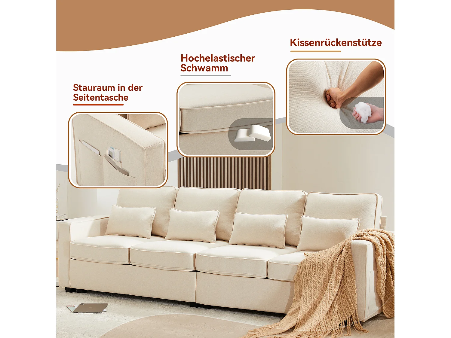 Canapé moderne 4 places avec 4 coussins - 264 x 83 x 87 cm - Tissu en lin - Beige