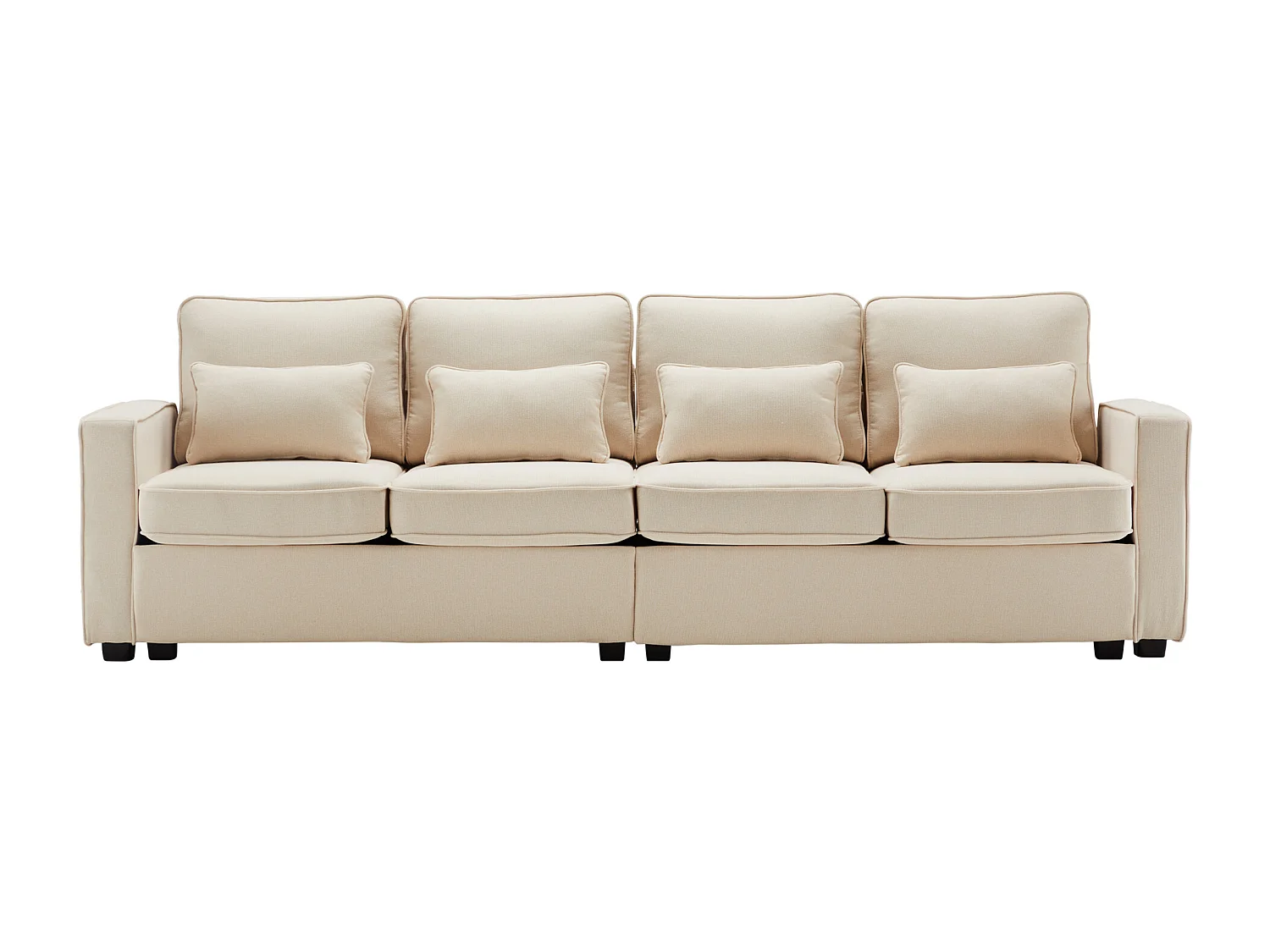 Canapé moderne 4 places avec 4 coussins - 264 x 83 x 87 cm - Tissu en lin - Beige