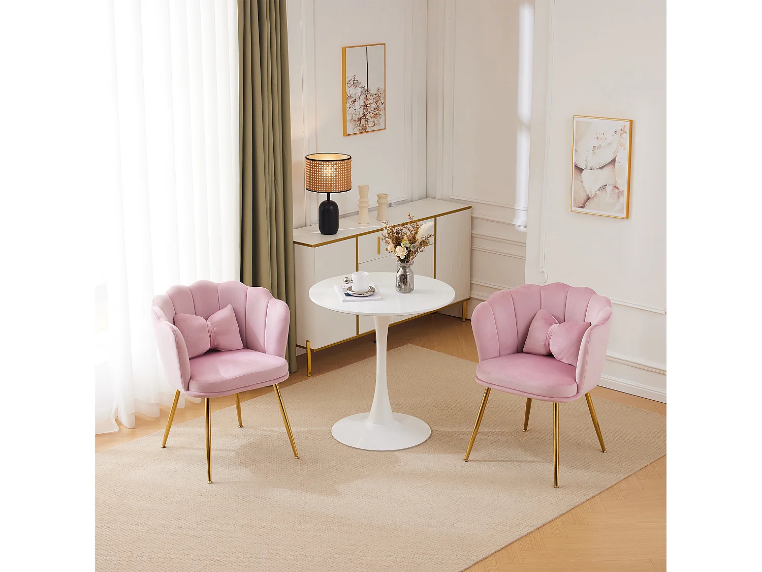 Set aus 2 Samt-Esszimmerstühlen – 62 x 54,5 x 77 cm – mit Rückenlehne – Metallbeine – Rosa