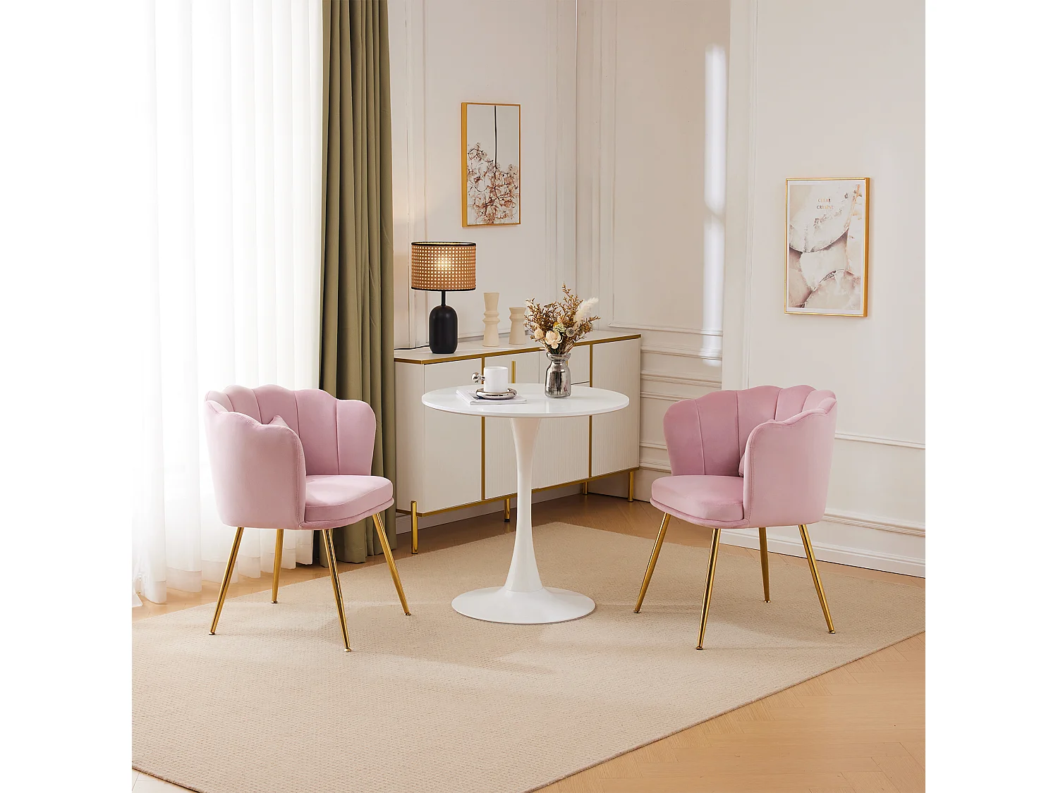 Set di 2 sedie da pranzo in velluto - 62 x 54,5 x 77 cm - con schienale - Gambe in metallo - Rosa