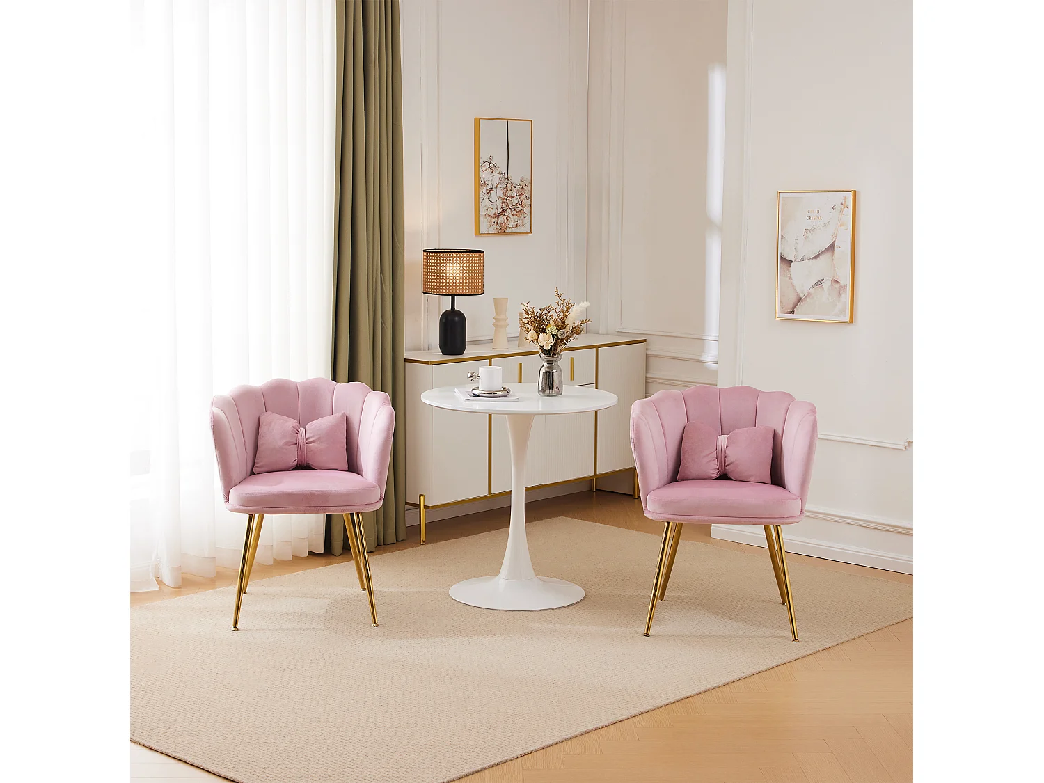 Set di 2 sedie da pranzo in velluto - 62 x 54,5 x 77 cm - con schienale - Gambe in metallo - Rosa