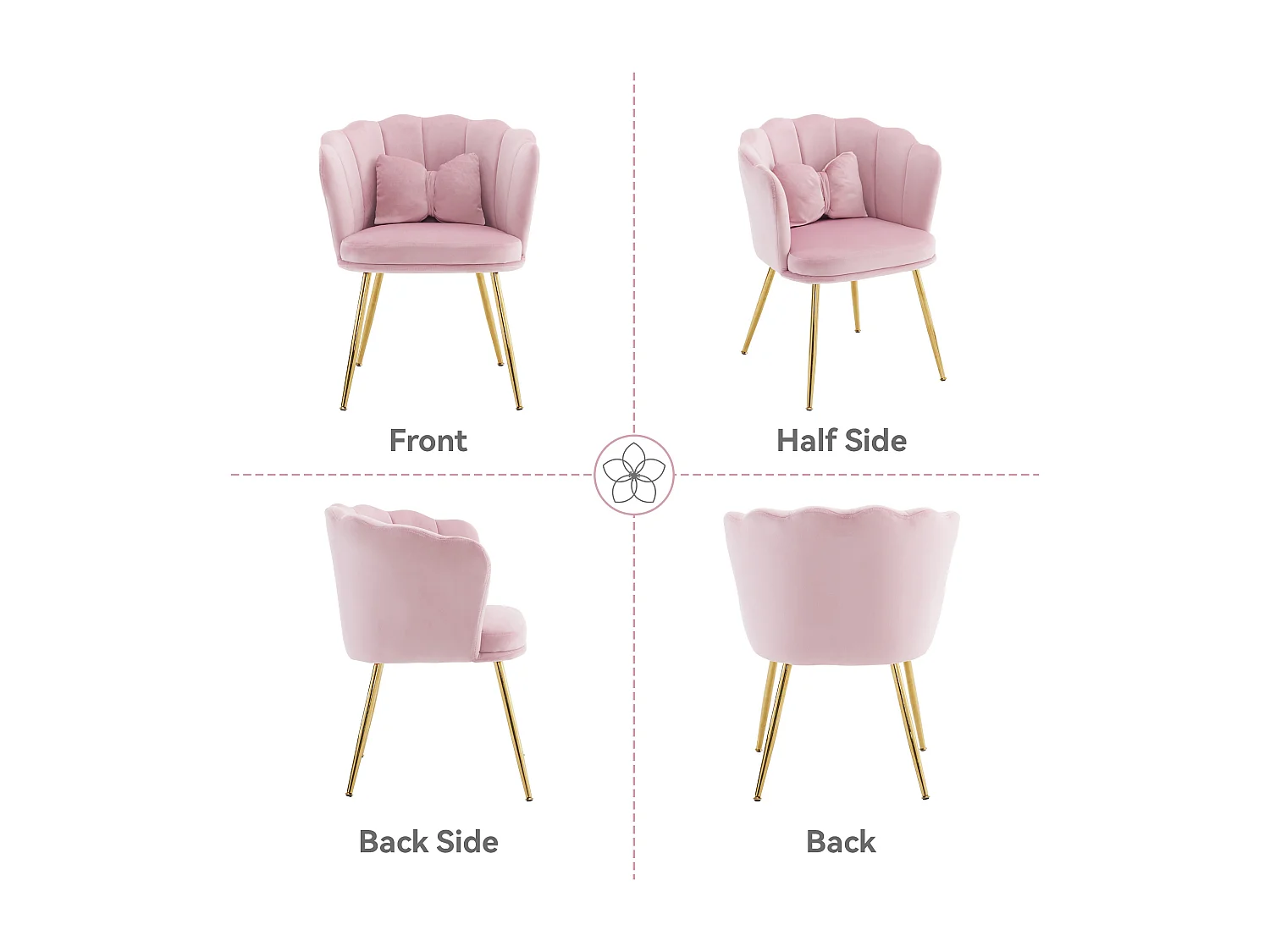 Set di 2 sedie da pranzo in velluto - 62 x 54,5 x 77 cm - con schienale - Gambe in metallo - Rosa