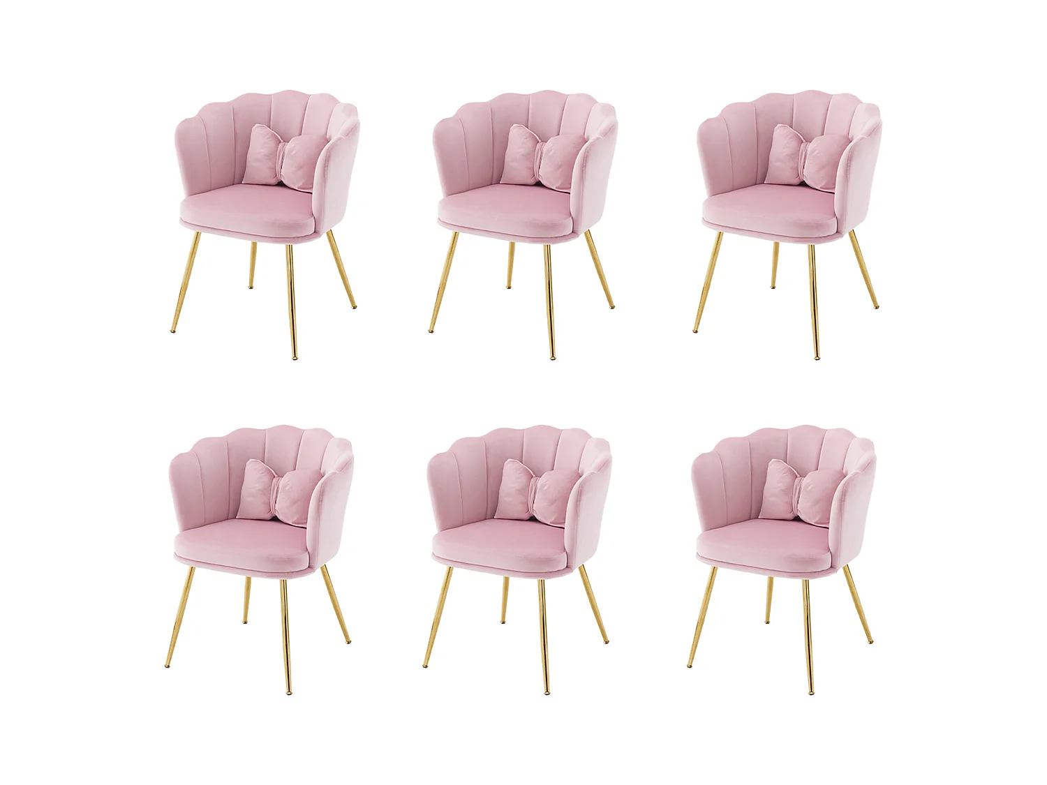 Lot de 6 chaises de salle à manger en velours - 62 x 54.5 x 77 cm - avec dossier - Pieds en métal - Rose